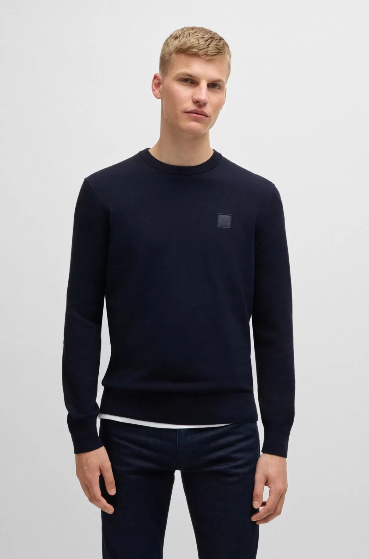 HUGO BOSS Sweater Med Crew Neck Og Logo I Bomuld Og Kashmir Mørkeblå Hot