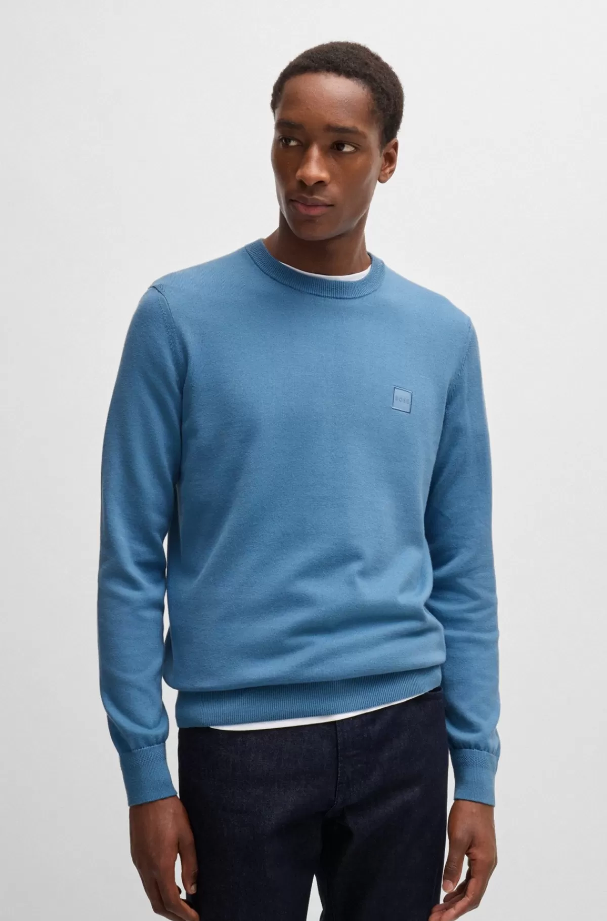HUGO BOSS Sweater Med Crew Neck Og Logo I Bomuld Og Kashmir Blå Sale