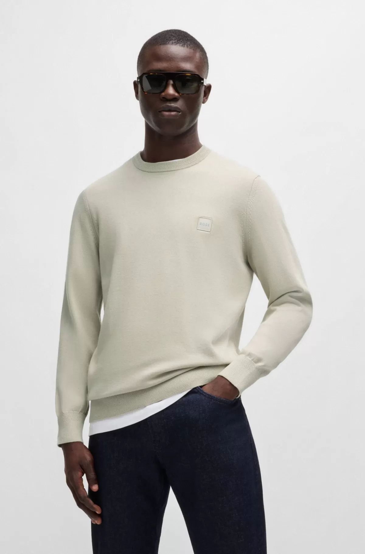 HUGO BOSS Sweater Med Crew Neck Og Logo I Bomuld Og Kashmir Lys beige New
