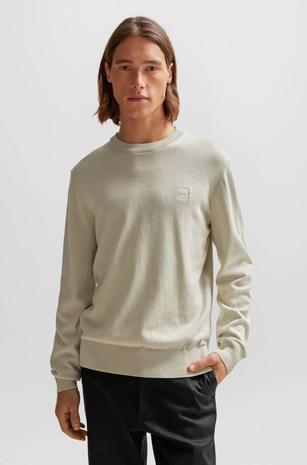 HUGO BOSS Sweater Med Crew Neck Og Logo I Bomuld Og Kashmir Lys beige Fashion