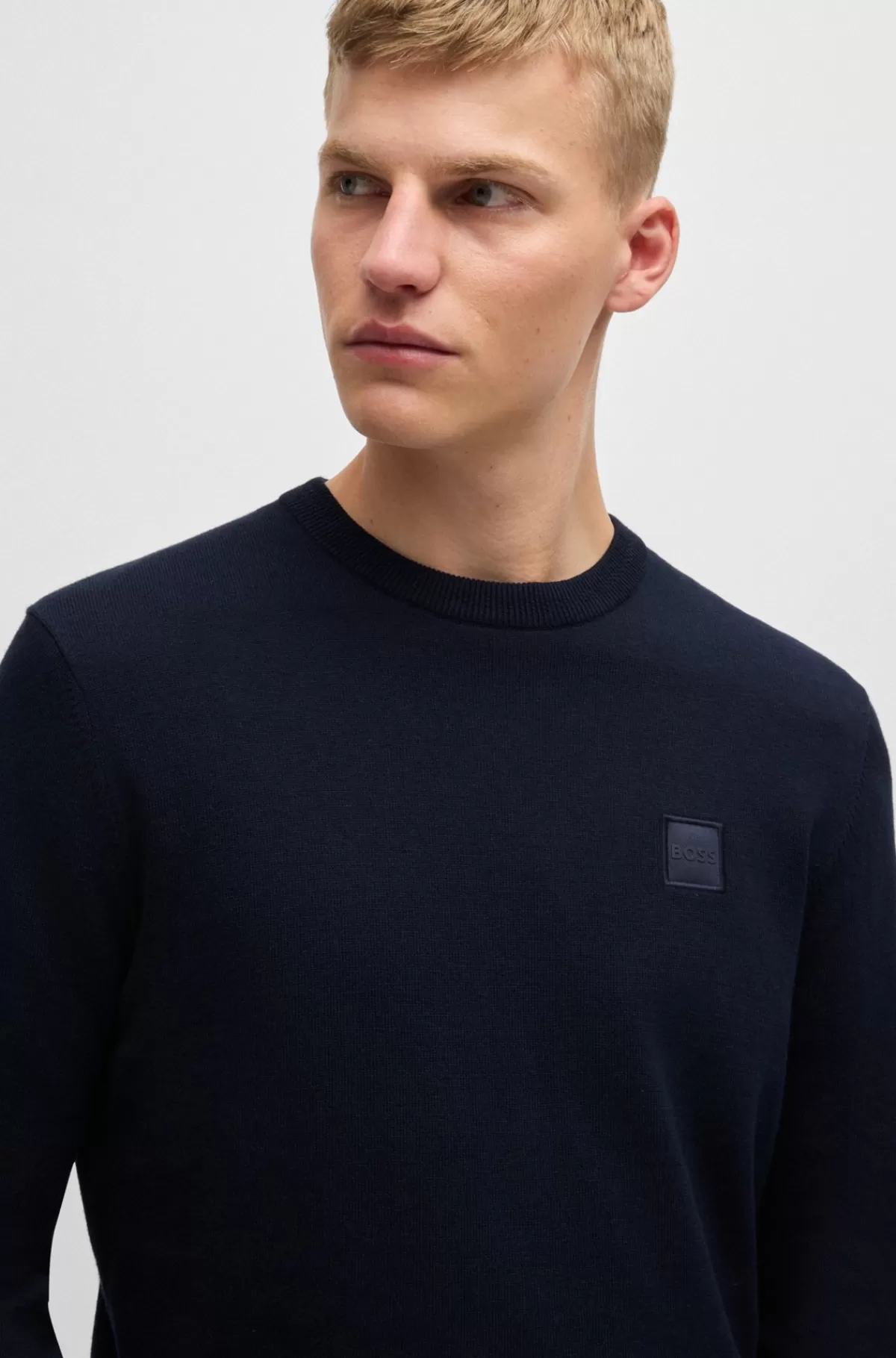 HUGO BOSS Sweater Med Crew Neck Og Logo I Bomuld Og Kashmir Mørkeblå Hot
