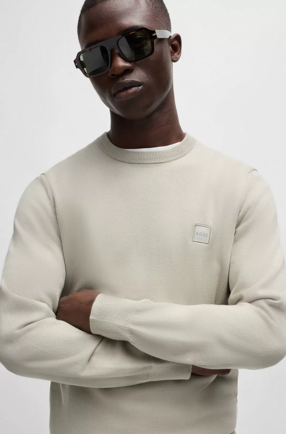 HUGO BOSS Sweater Med Crew Neck Og Logo I Bomuld Og Kashmir Lys beige New