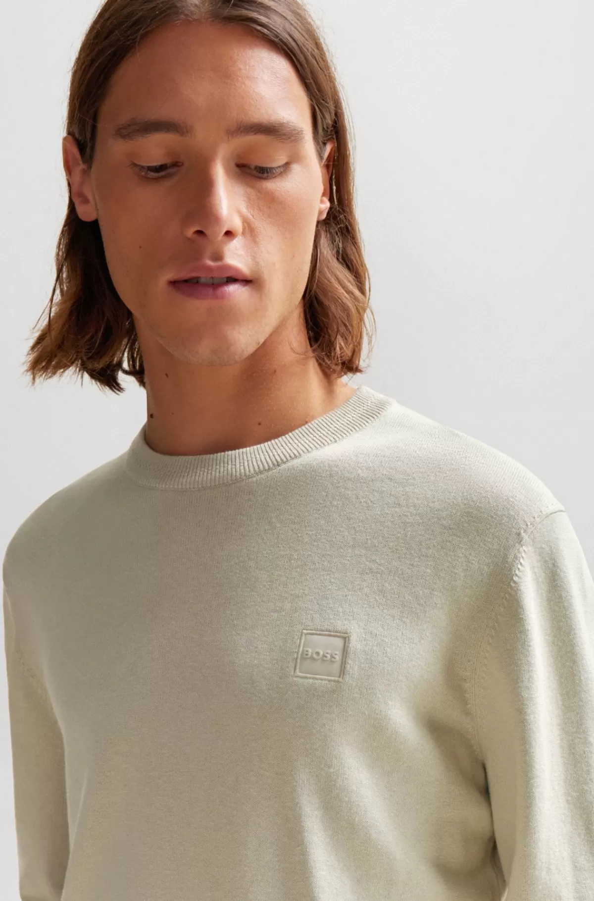 HUGO BOSS Sweater Med Crew Neck Og Logo I Bomuld Og Kashmir Lys beige Fashion