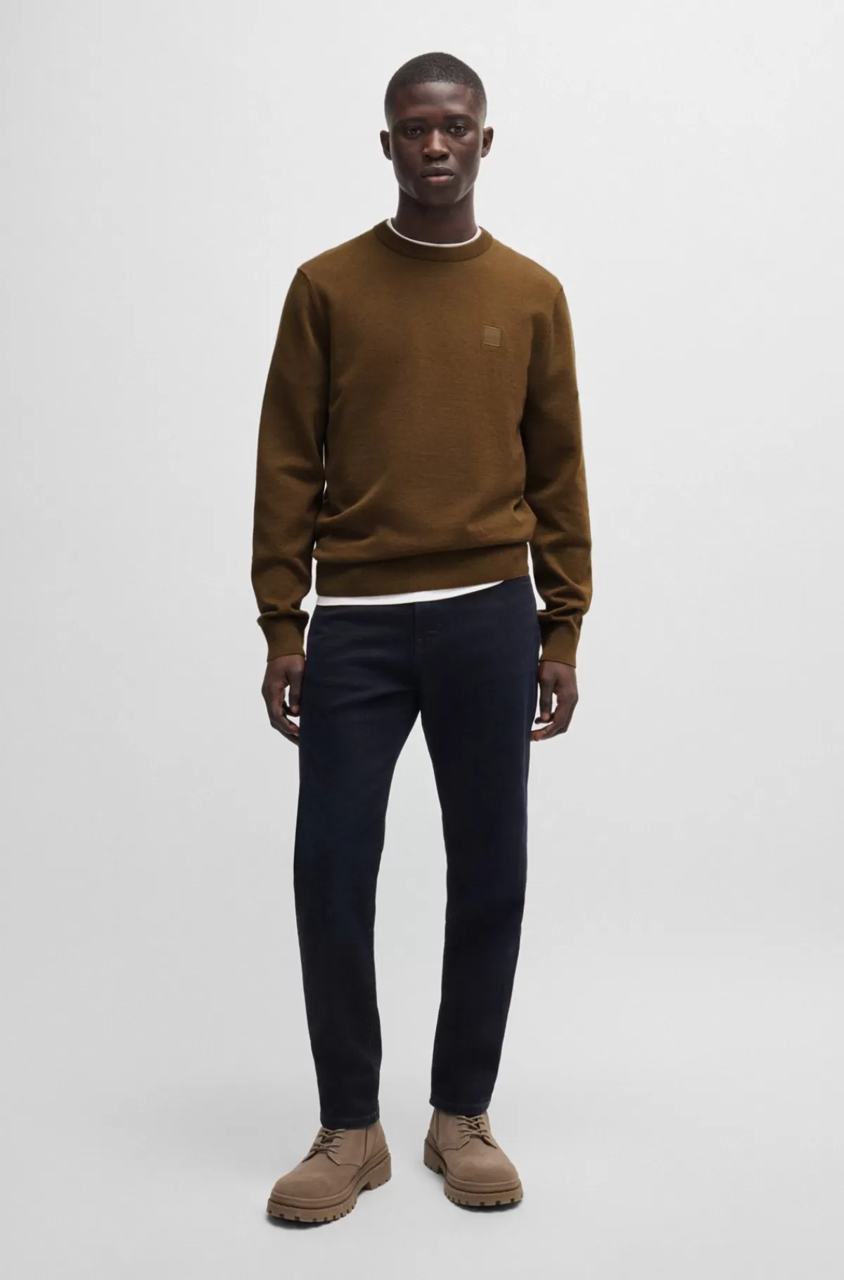 HUGO BOSS Sweater Med Crew Neck Og Logo I Bomuld Og Kashmir Brun Online