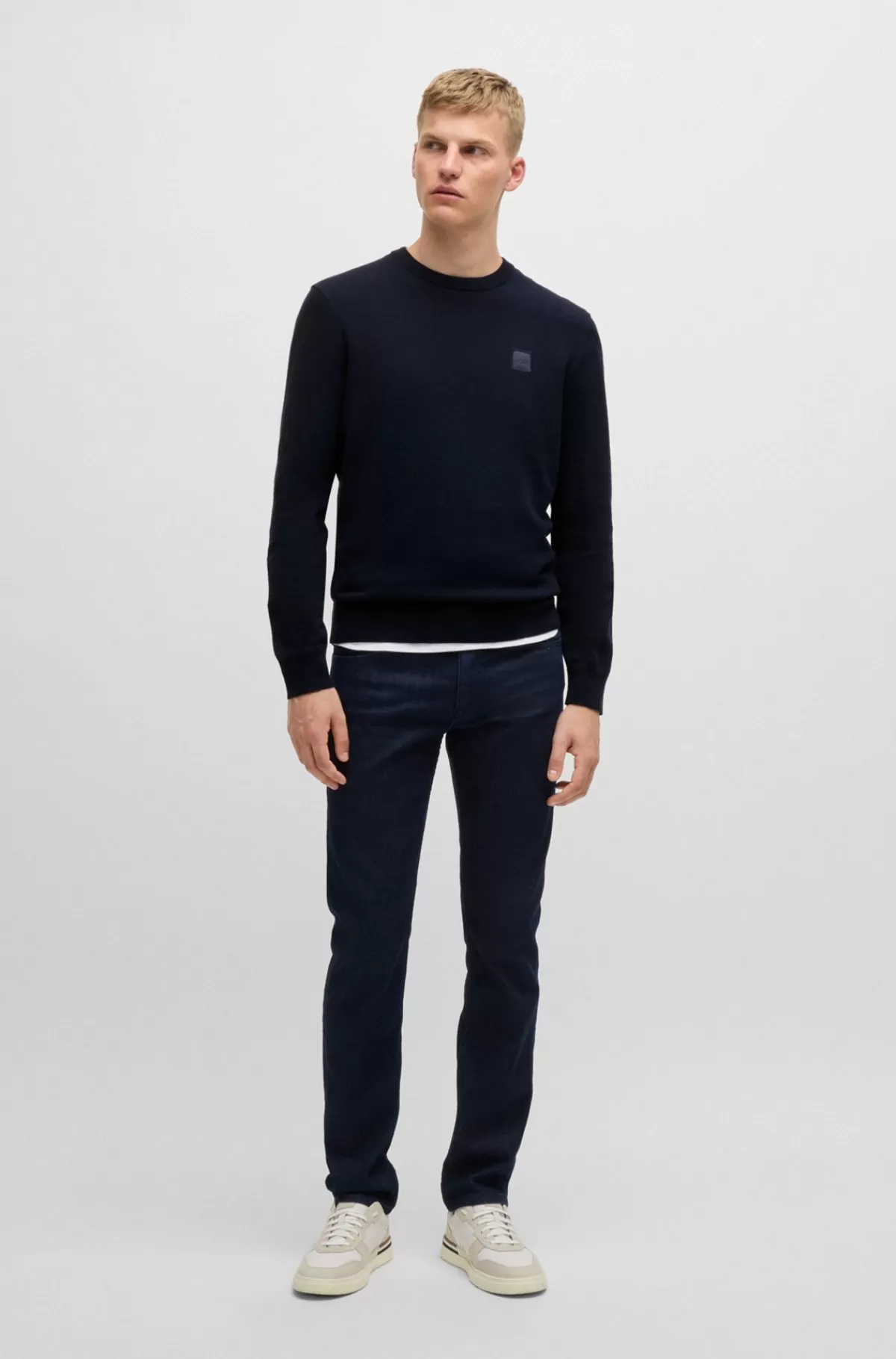 HUGO BOSS Sweater Med Crew Neck Og Logo I Bomuld Og Kashmir Mørkeblå Hot