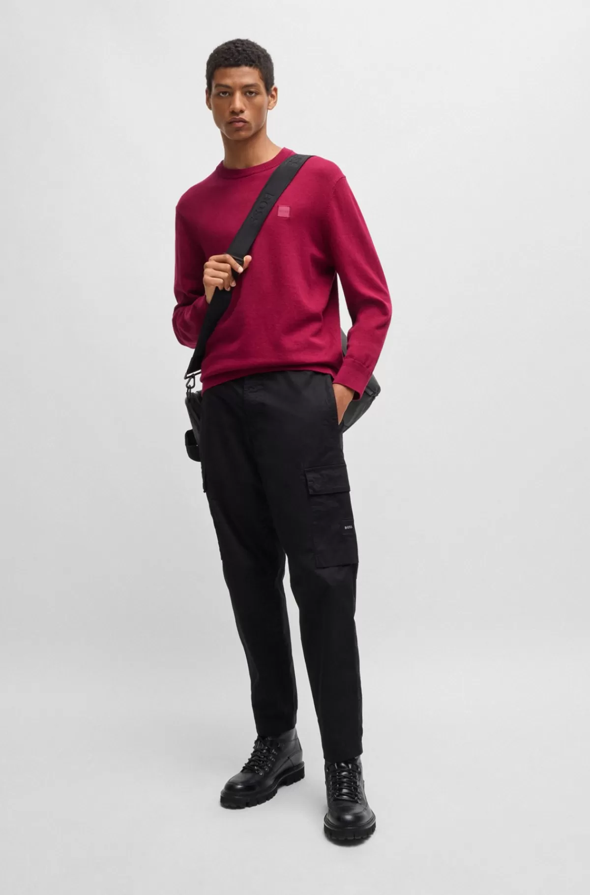 HUGO BOSS Sweater Med Crew Neck Og Logo I Bomuld Og Kashmir Mørkerød Best Sale