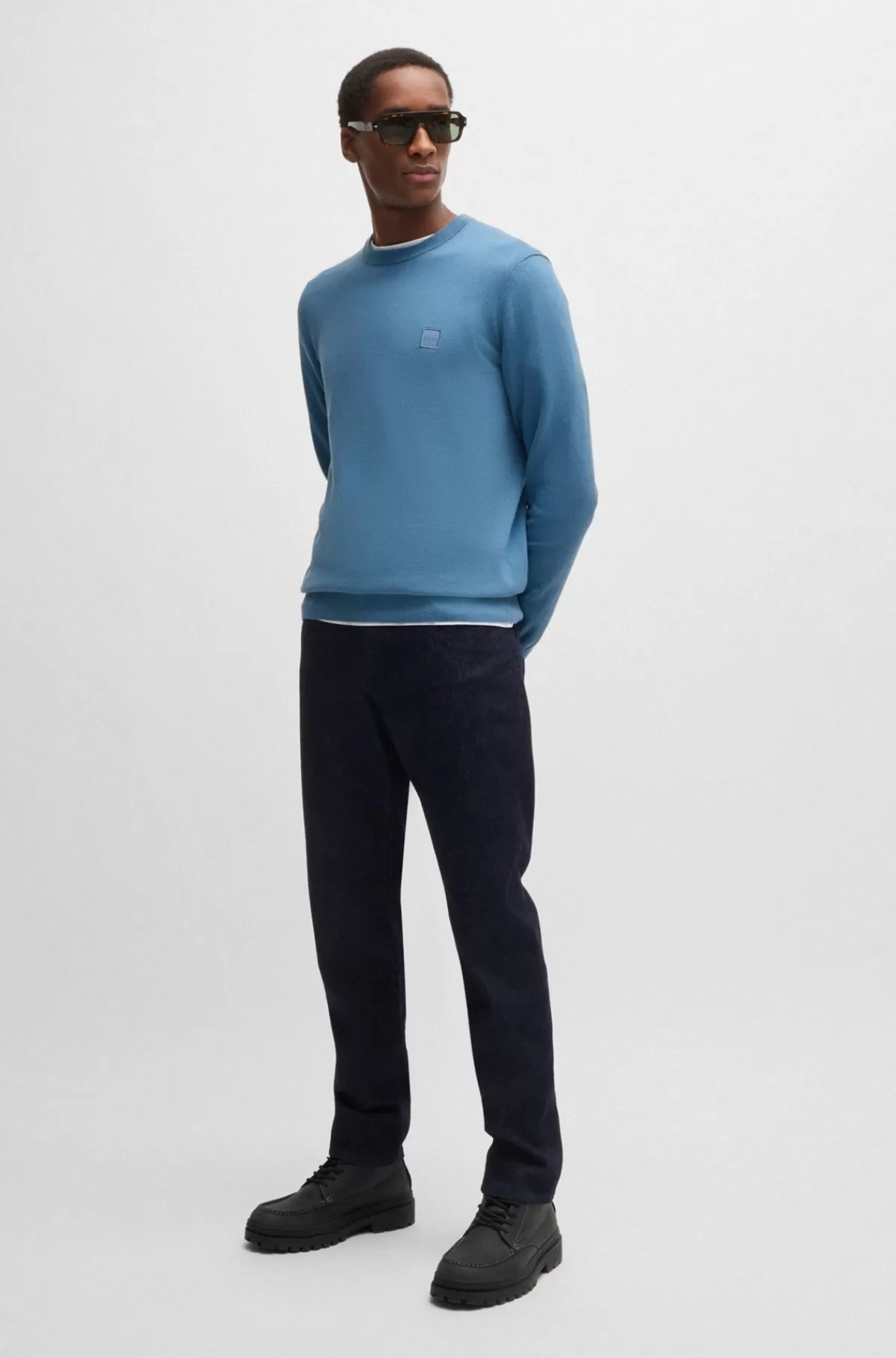 HUGO BOSS Sweater Med Crew Neck Og Logo I Bomuld Og Kashmir Blå Sale
