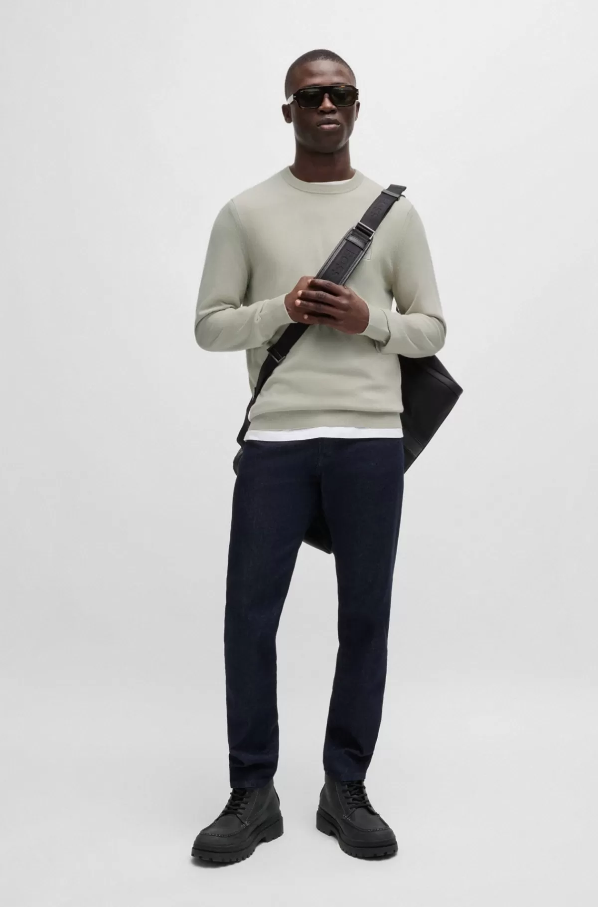 HUGO BOSS Sweater Med Crew Neck Og Logo I Bomuld Og Kashmir Lys beige New