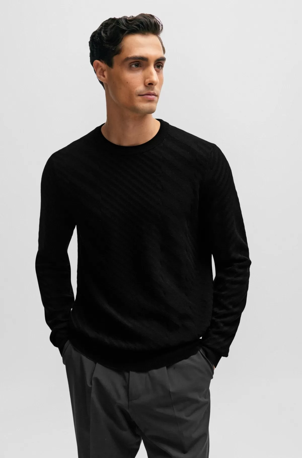 HUGO BOSS Sweater Med Grafikjacqaurd I En Blanding Af Ny Uld Sort Best
