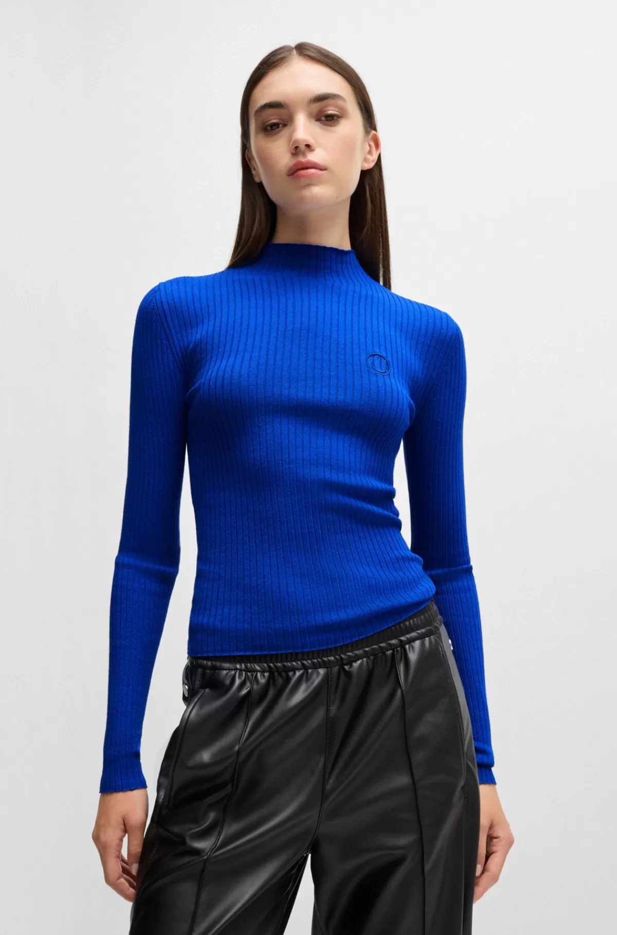 HUGO BOSS Sweater Med Høj Hals Og Broderet Happy HUGO Logo Blå Discount