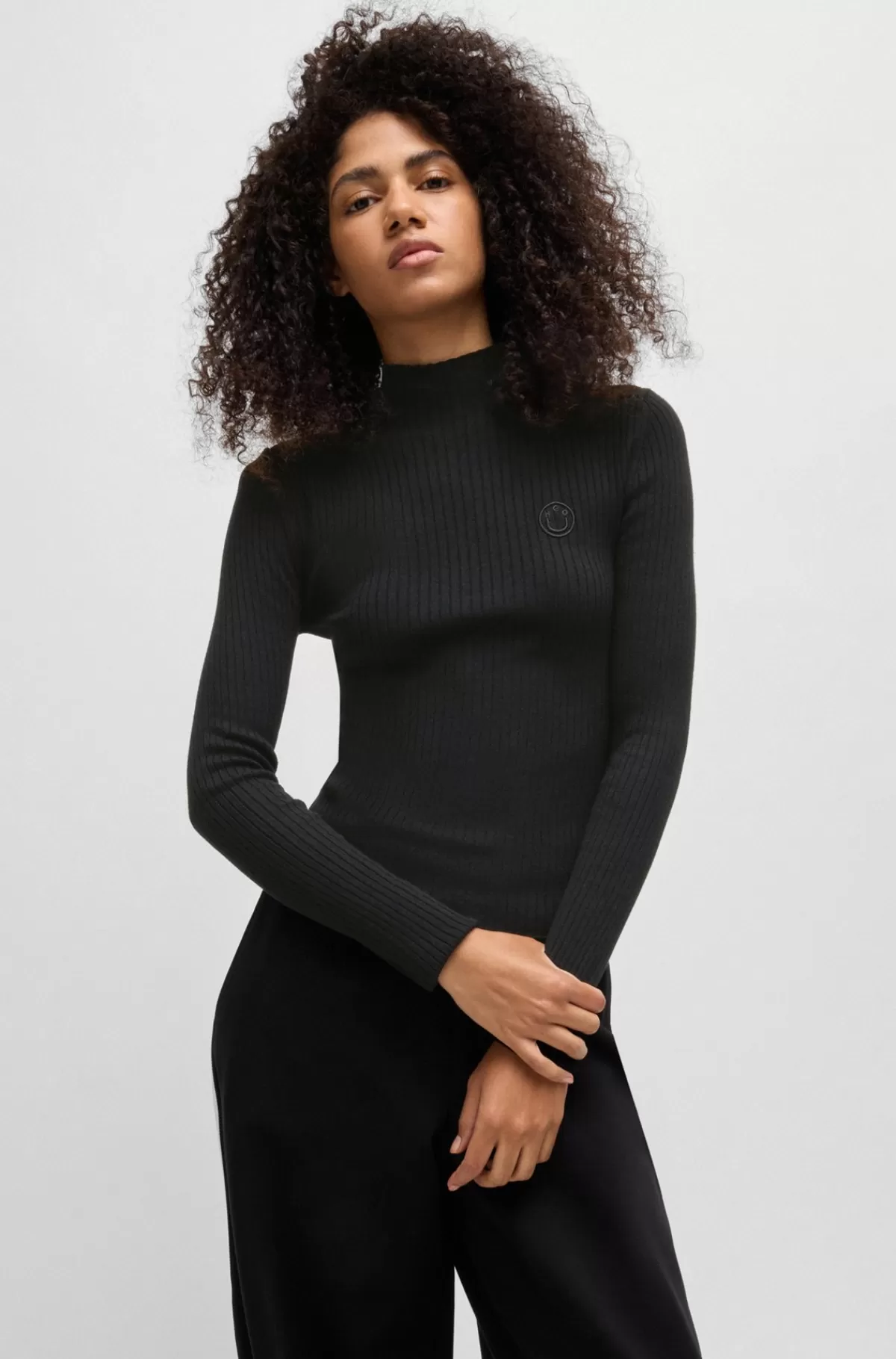 HUGO BOSS Sweater Med Høj Hals Og Broderet Happy HUGO Logo Sort Best