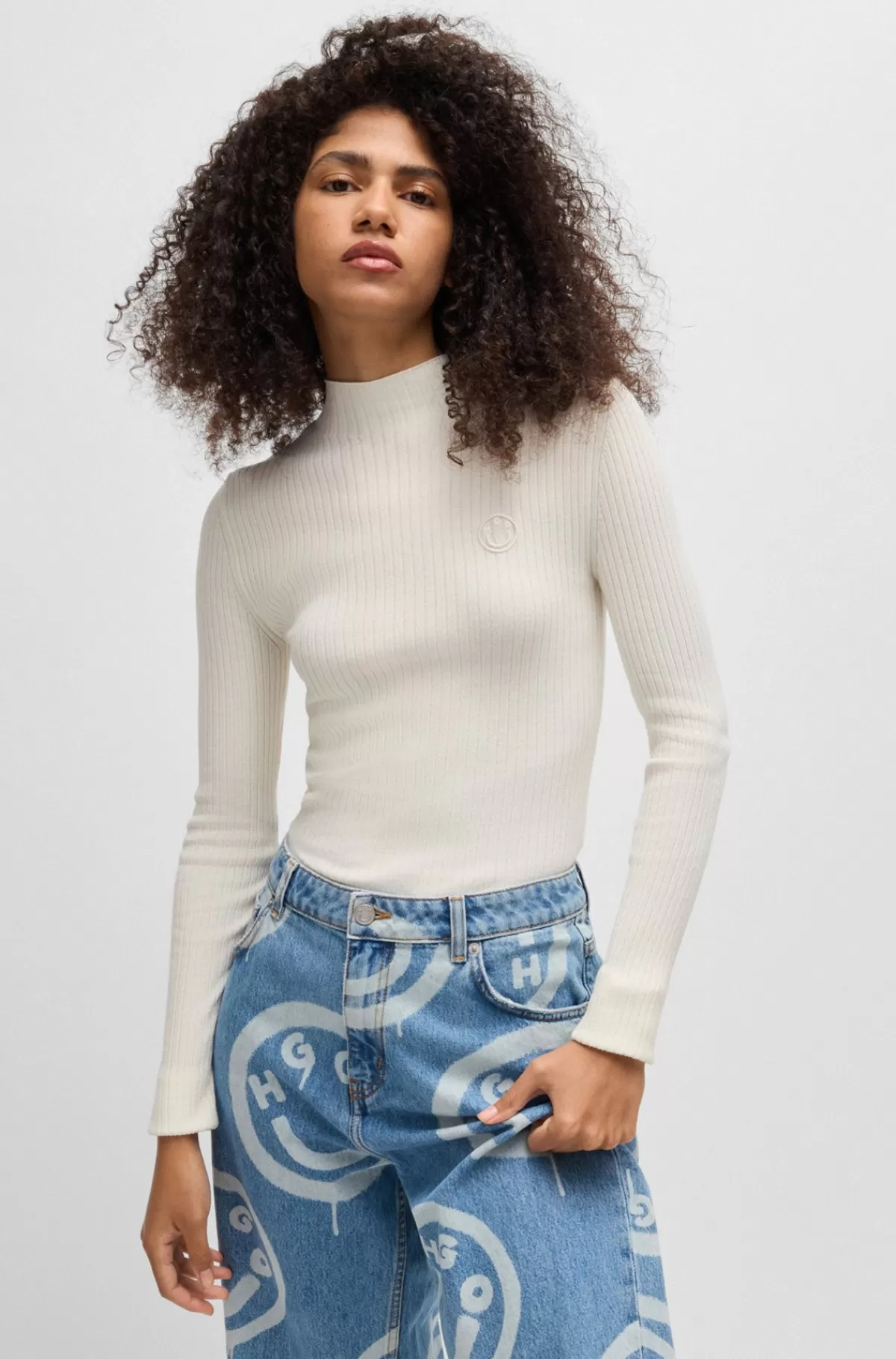 HUGO BOSS Sweater Med Høj Hals Og Broderet Happy HUGO Logo Hvid Shop