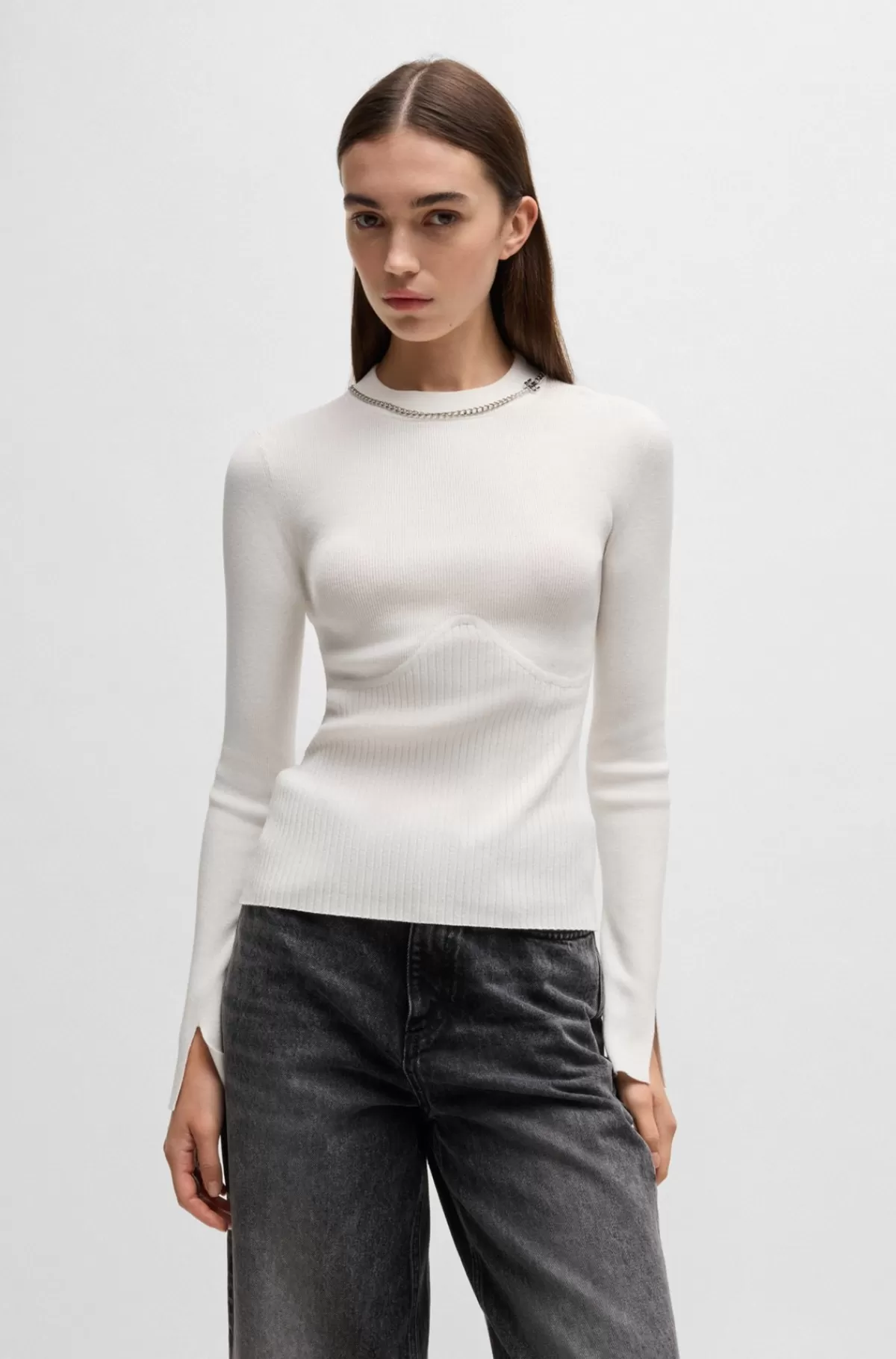 HUGO BOSS Sweater Med Høj Hals Og Påsat Kæde I Halsen Hvid Sale