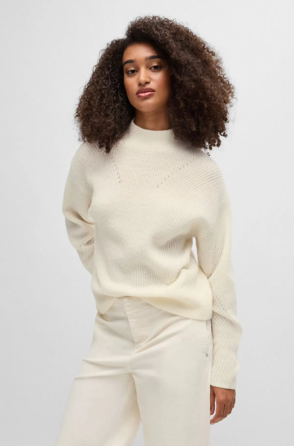 HUGO BOSS Sweater Med Høj Krave Og Ribstruktur Hvid Fashion