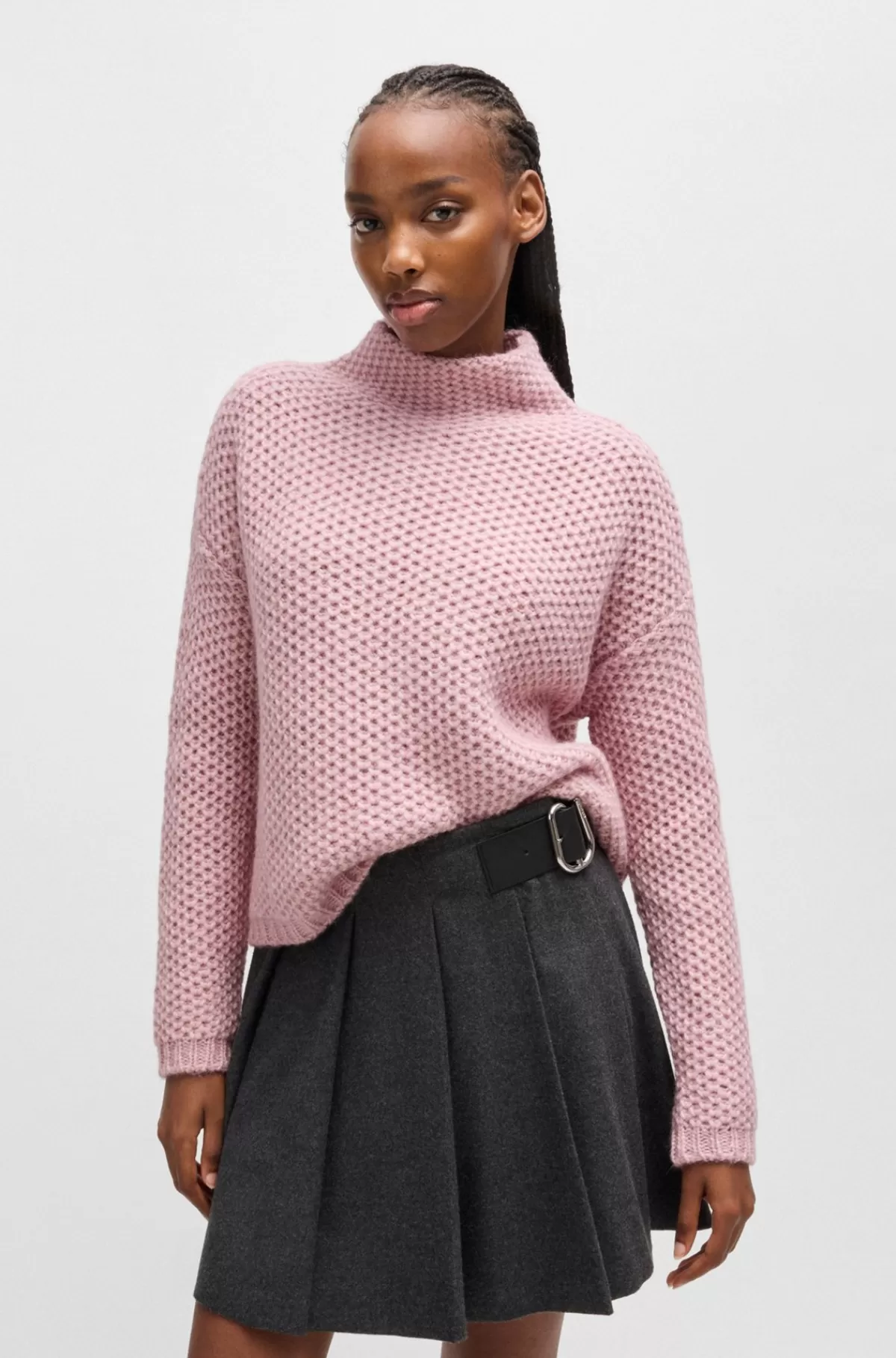HUGO BOSS Sweater Med Høj Krave Og Riskornstruktur Lys pink Online