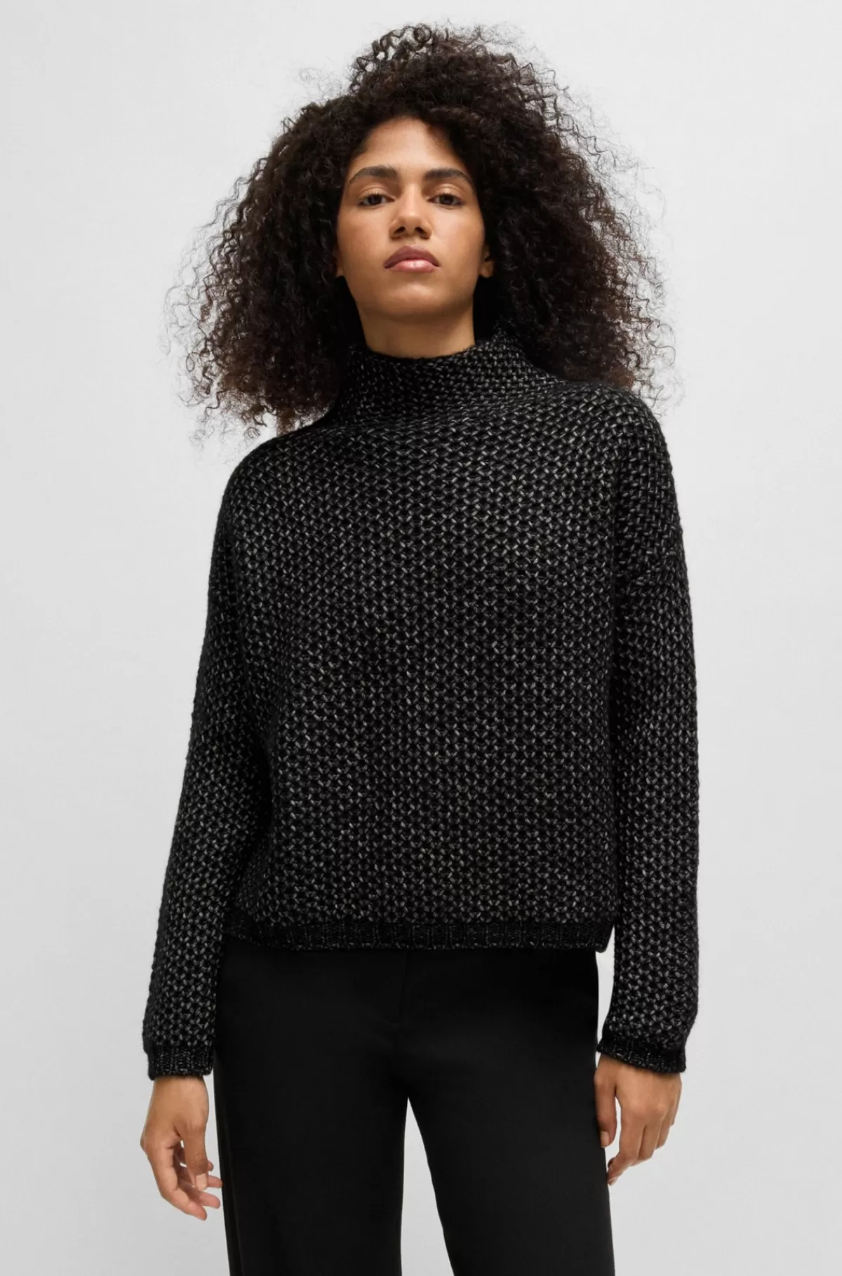 HUGO BOSS Sweater Med Høj Krave Og Riskornstruktur Sort Hot