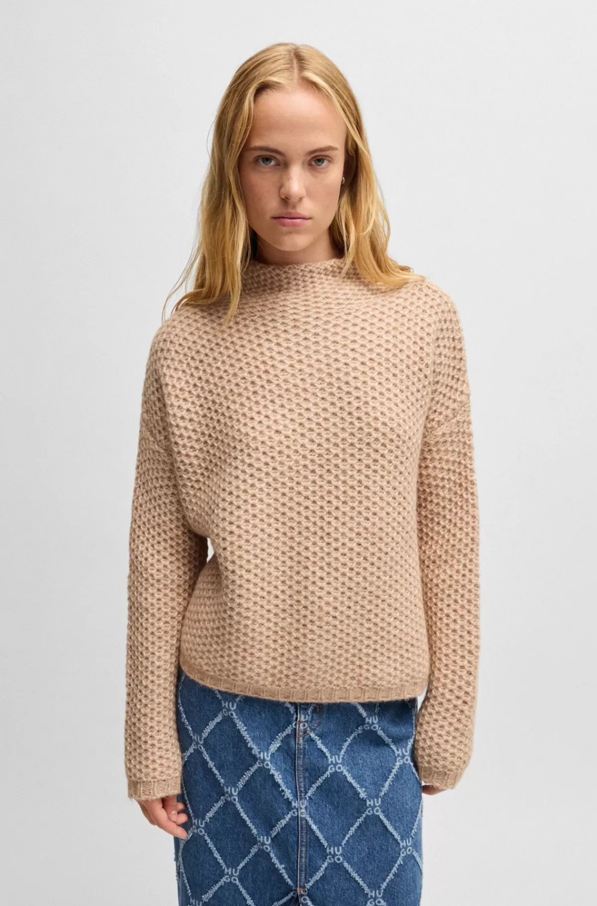 HUGO BOSS Sweater Med Høj Krave Og Riskornstruktur Lys beige Sale