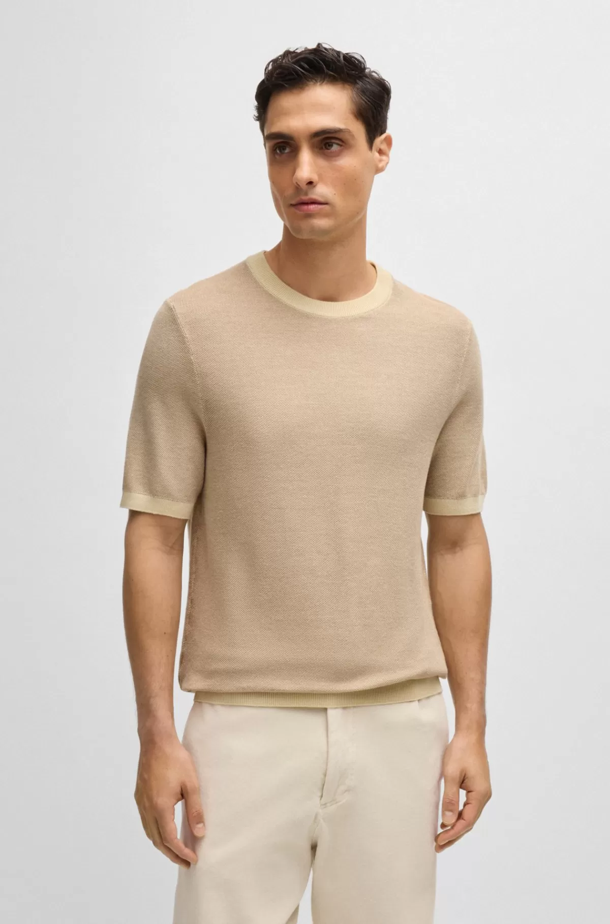 HUGO BOSS Sweater Med Korte ærmer I Bomuldsblanding Med Mikrostruktur Lys beige Shop