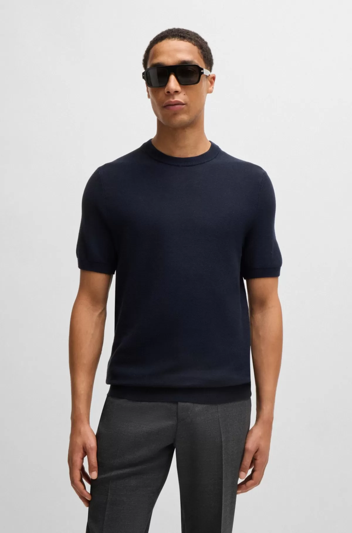 HUGO BOSS Sweater Med Korte ærmer I Bomuldsblanding Med Mikrostruktur Mørkeblå Clearance