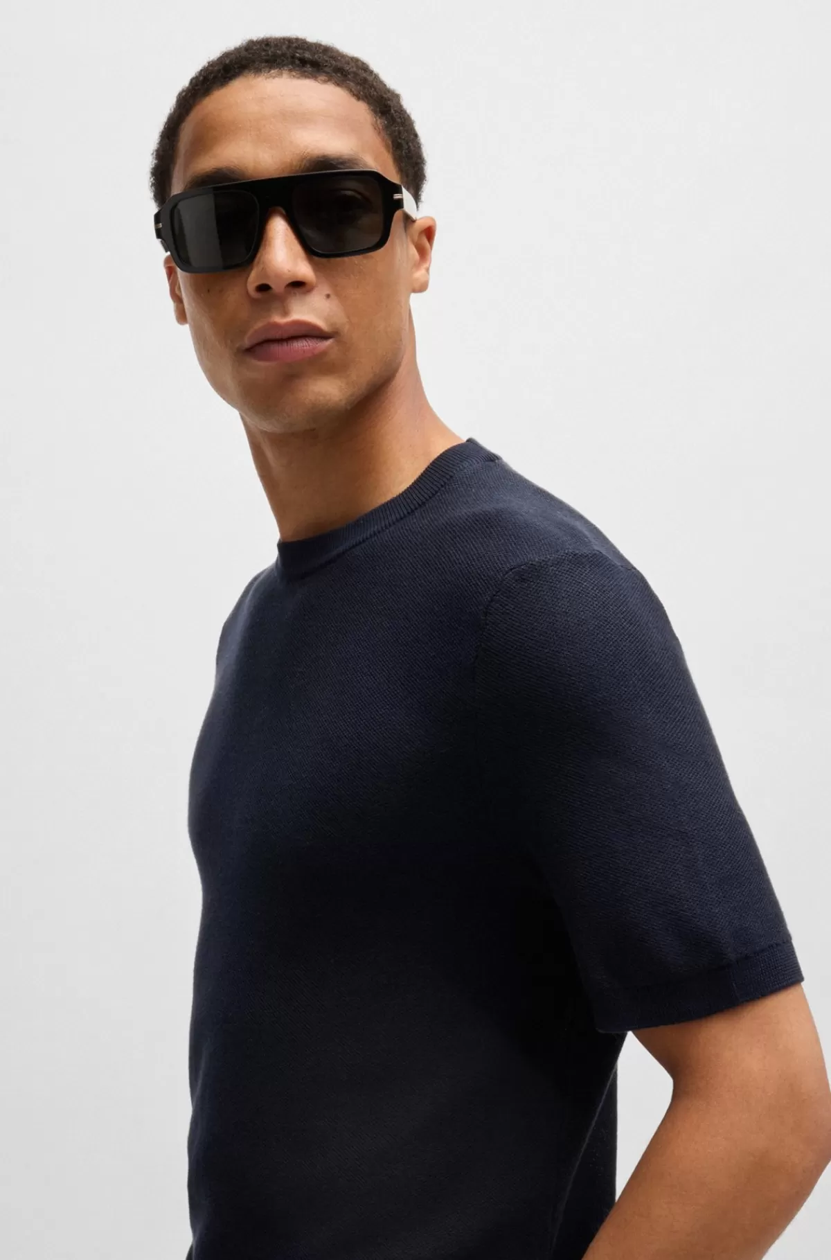 HUGO BOSS Sweater Med Korte ærmer I Bomuldsblanding Med Mikrostruktur Mørkeblå Clearance