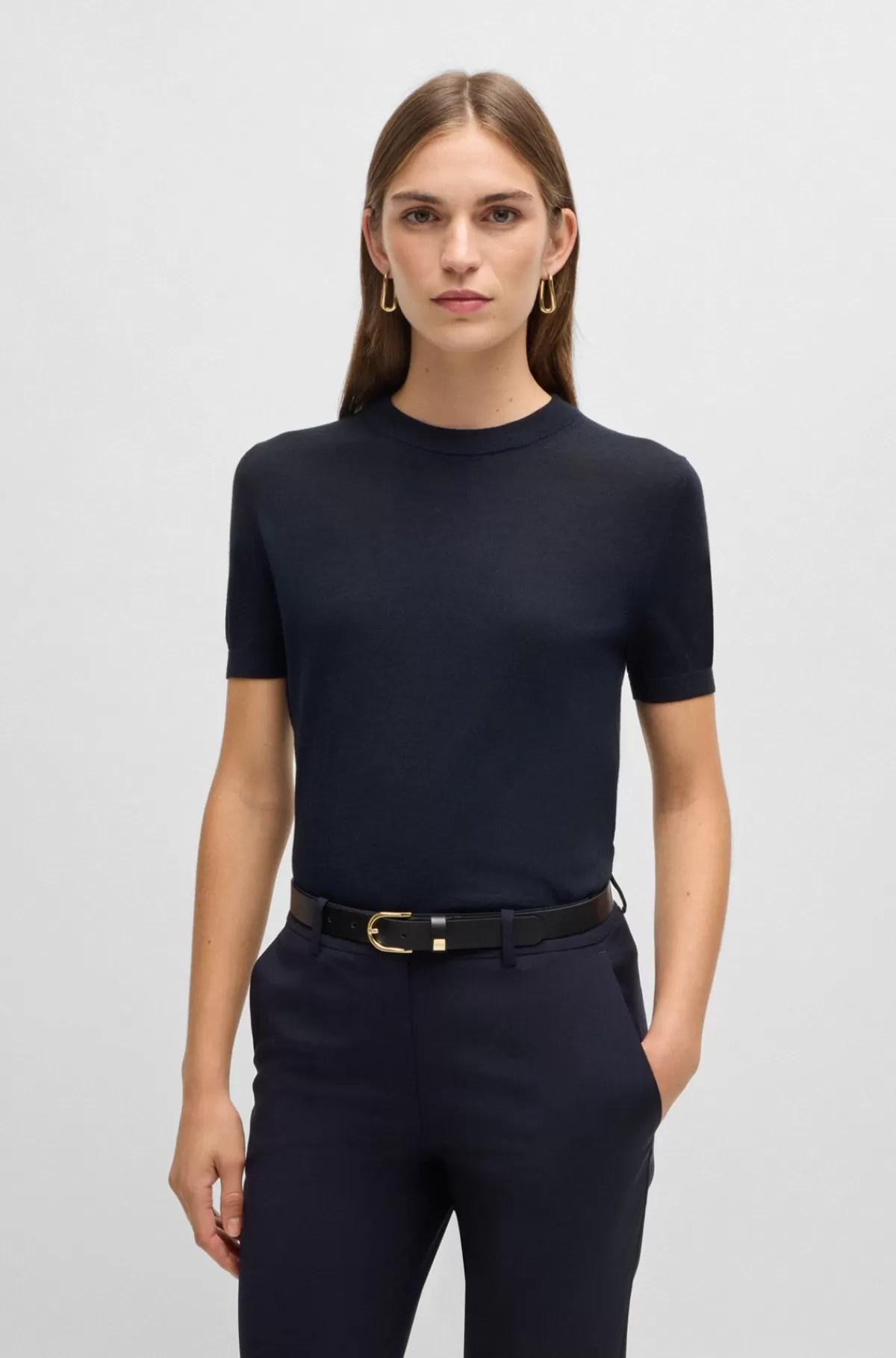 HUGO BOSS Sweater Med Korte ærmer I Merinould Mørkeblå Flash Sale