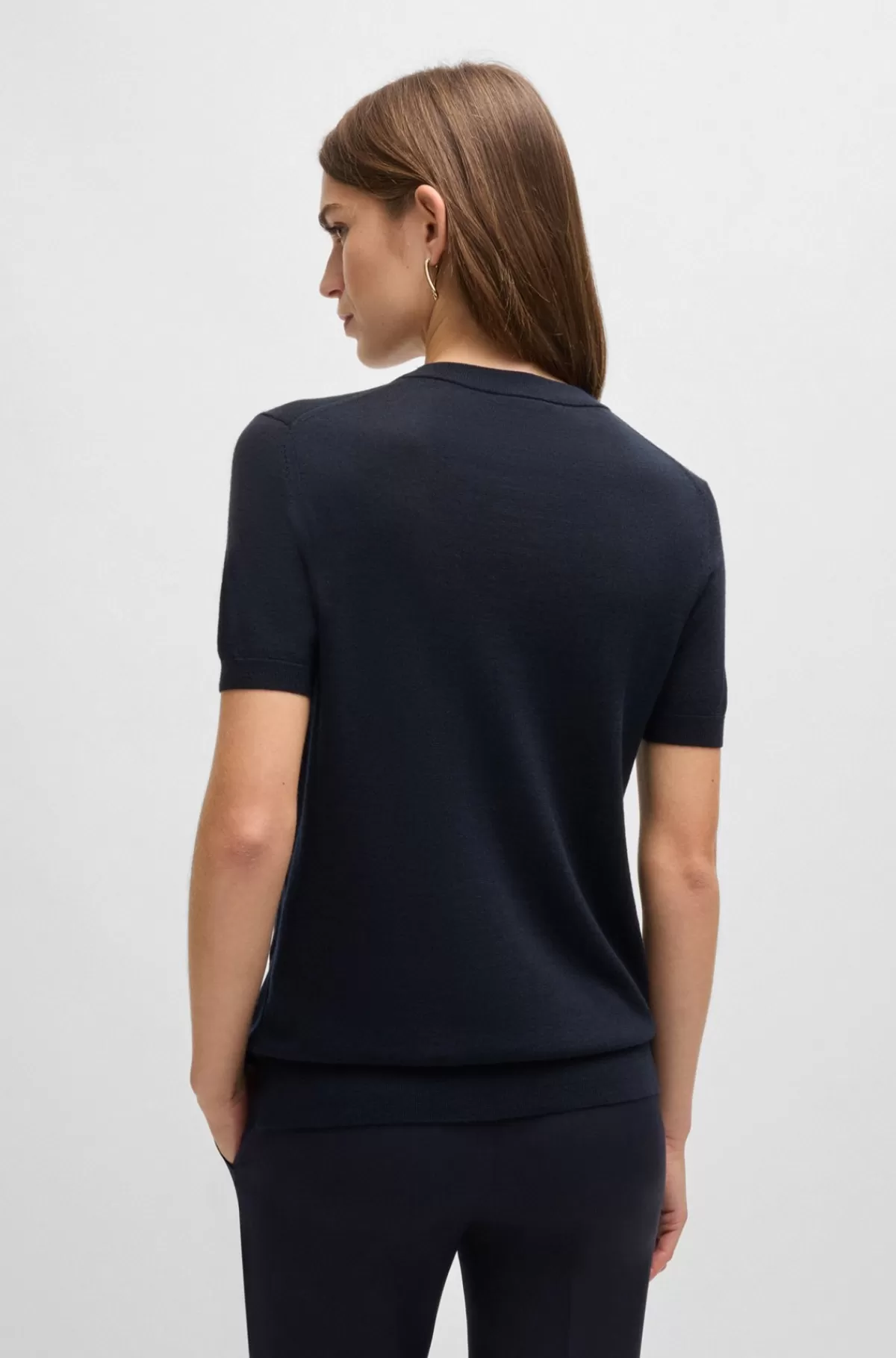 HUGO BOSS Sweater Med Korte ærmer I Merinould Mørkeblå Flash Sale