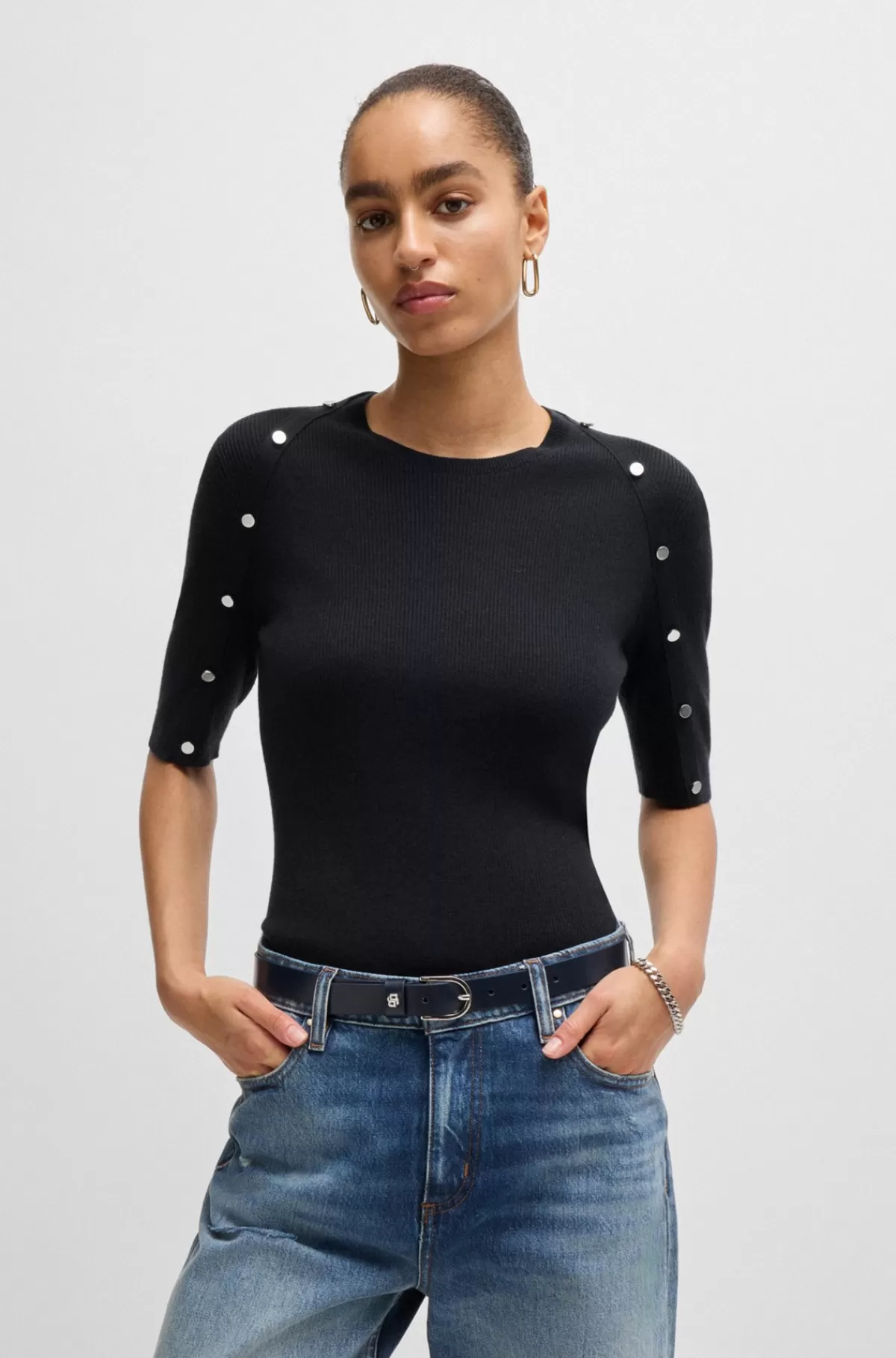 HUGO BOSS Sweater Med Korte ærmer I Stof Med Stræk Og Detaljer I Metal Mørkeblå Best