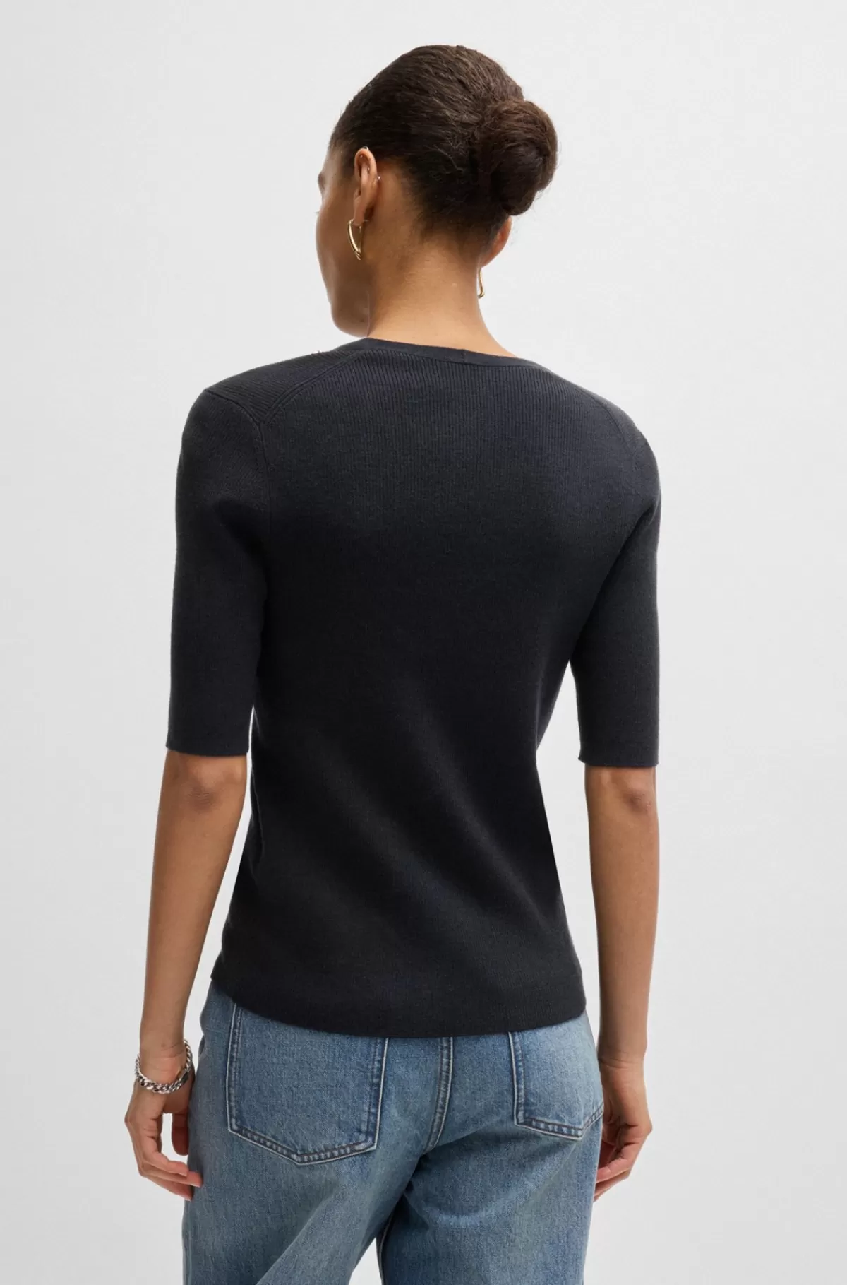 HUGO BOSS Sweater Med Korte ærmer I Stof Med Stræk Og Detaljer I Metal Mørkeblå Best
