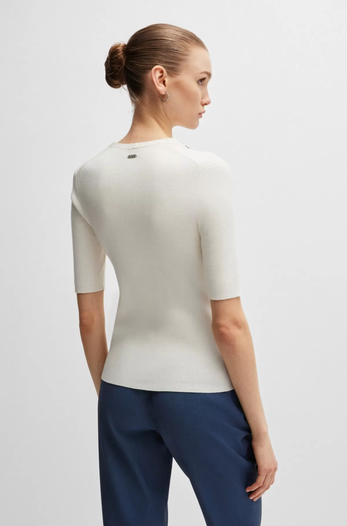 HUGO BOSS Sweater Med Korte ærmer I Stof Med Stræk Og Detaljer I Metal Hvid Best Sale