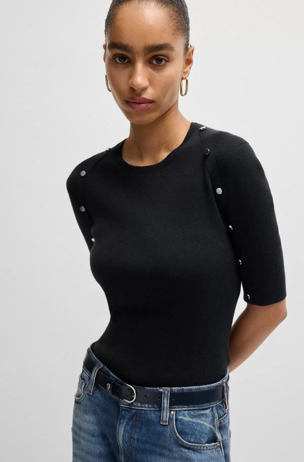HUGO BOSS Sweater Med Korte ærmer I Stof Med Stræk Og Detaljer I Metal Mørkeblå Best