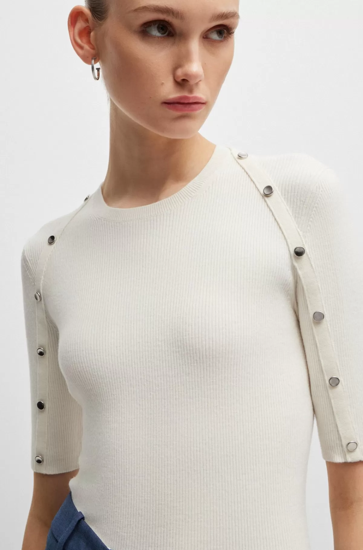 HUGO BOSS Sweater Med Korte ærmer I Stof Med Stræk Og Detaljer I Metal Hvid Best Sale