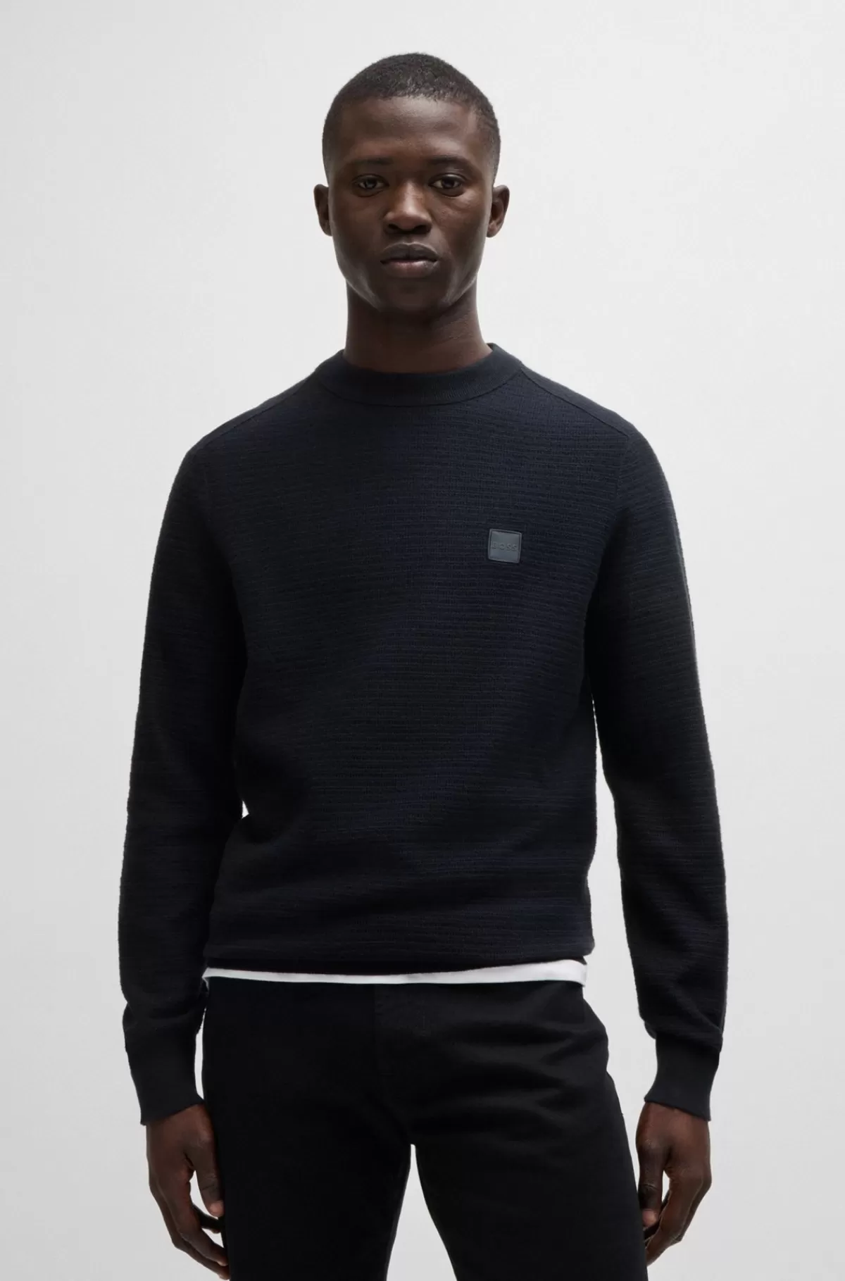 HUGO BOSS Sweater Med Logomærkat I Bomuld Og Kashmir Mørkeblå Best Sale