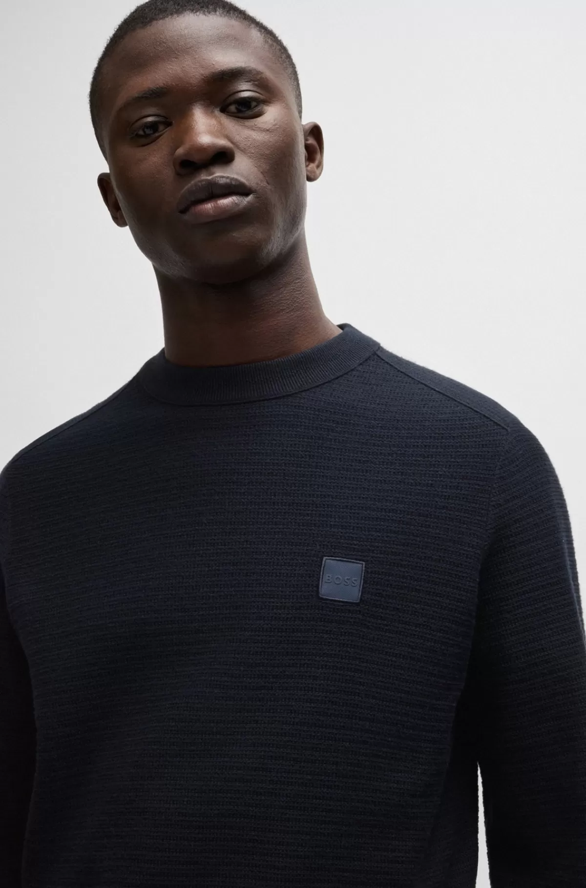 HUGO BOSS Sweater Med Logomærkat I Bomuld Og Kashmir Mørkeblå Best Sale