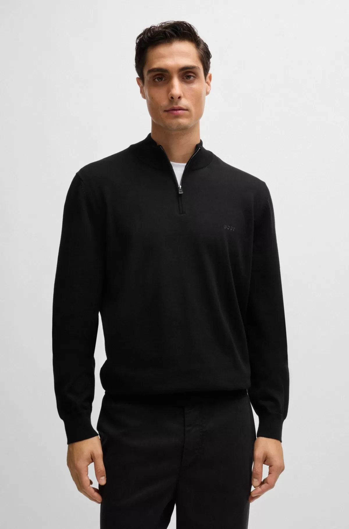 HUGO BOSS Sweater Med Lynlås I Halsen I Bomuld Med Broderet Logo Sort Clearance
