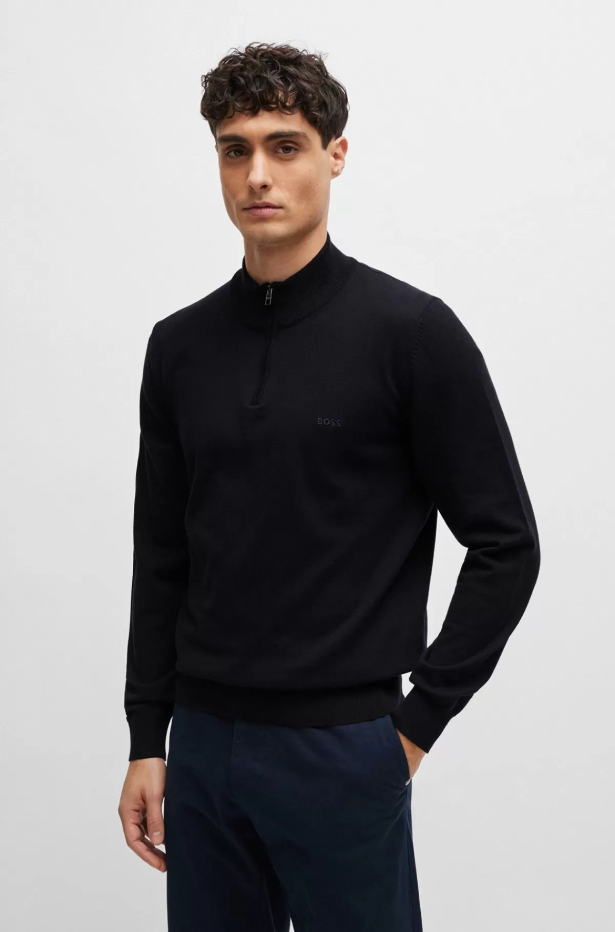 HUGO BOSS Sweater Med Lynlås I Halsen I Bomuld Med Broderet Logo Mørkeblå Outlet