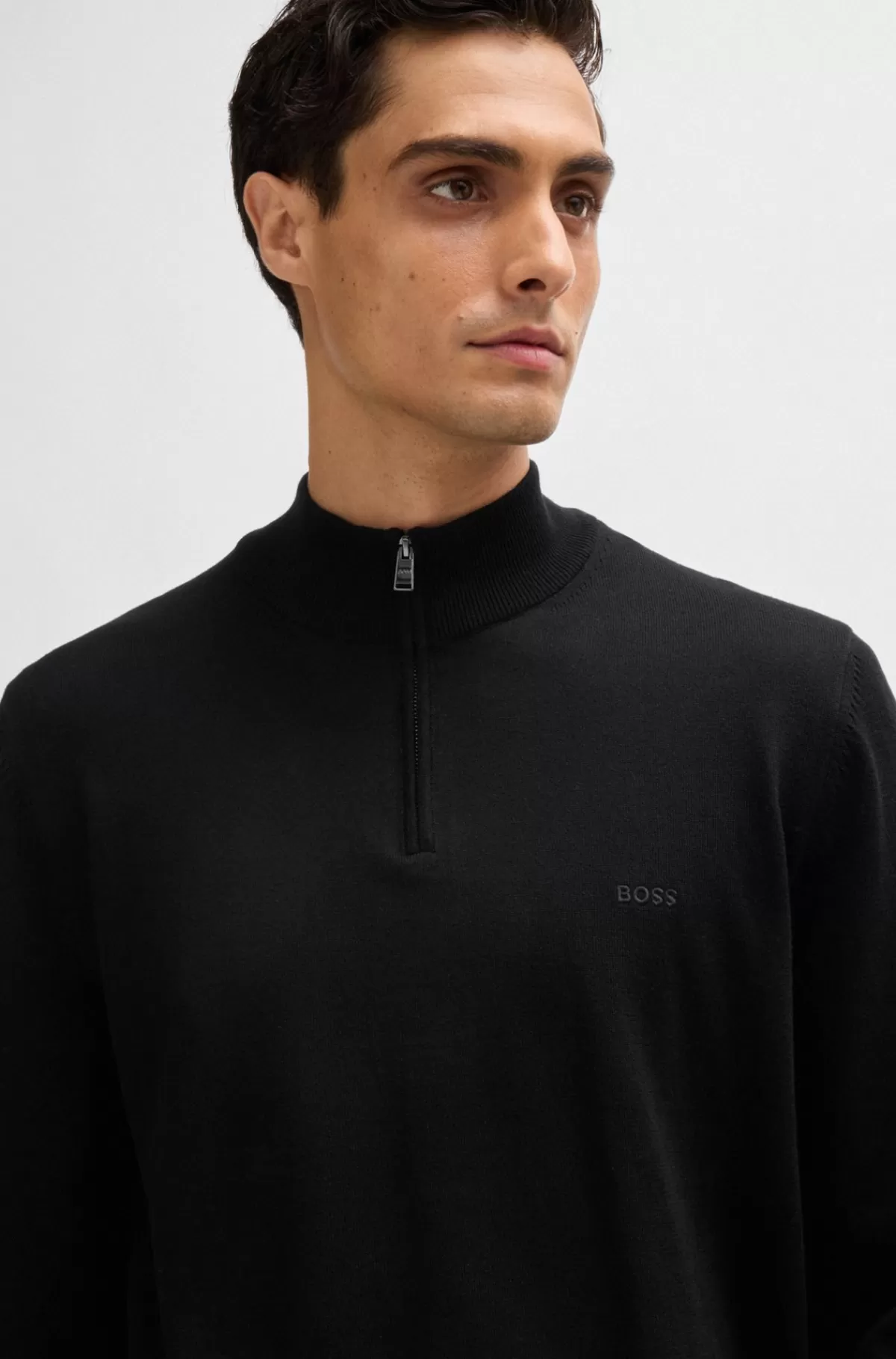 HUGO BOSS Sweater Med Lynlås I Halsen I Bomuld Med Broderet Logo Sort Clearance