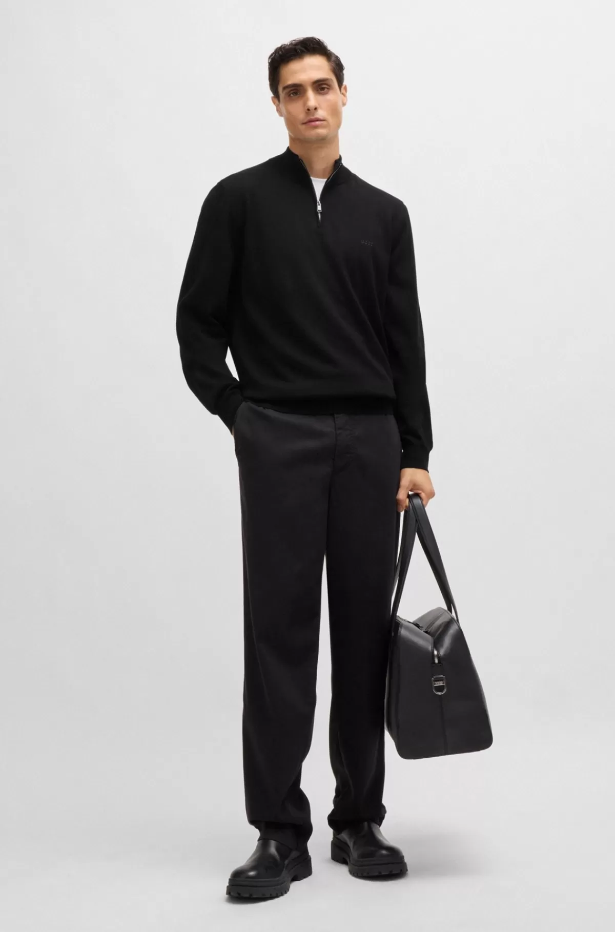 HUGO BOSS Sweater Med Lynlås I Halsen I Bomuld Med Broderet Logo Sort Clearance