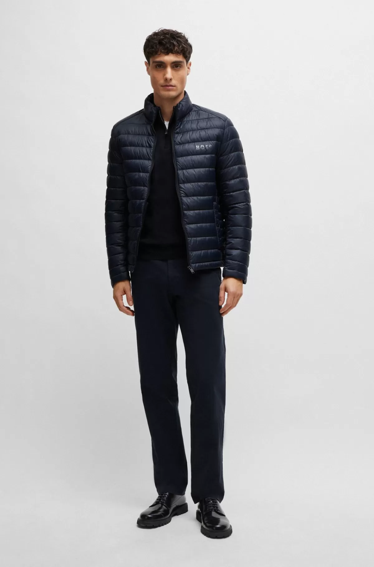 HUGO BOSS Sweater Med Lynlås I Halsen I Bomuld Med Broderet Logo Mørkeblå Outlet