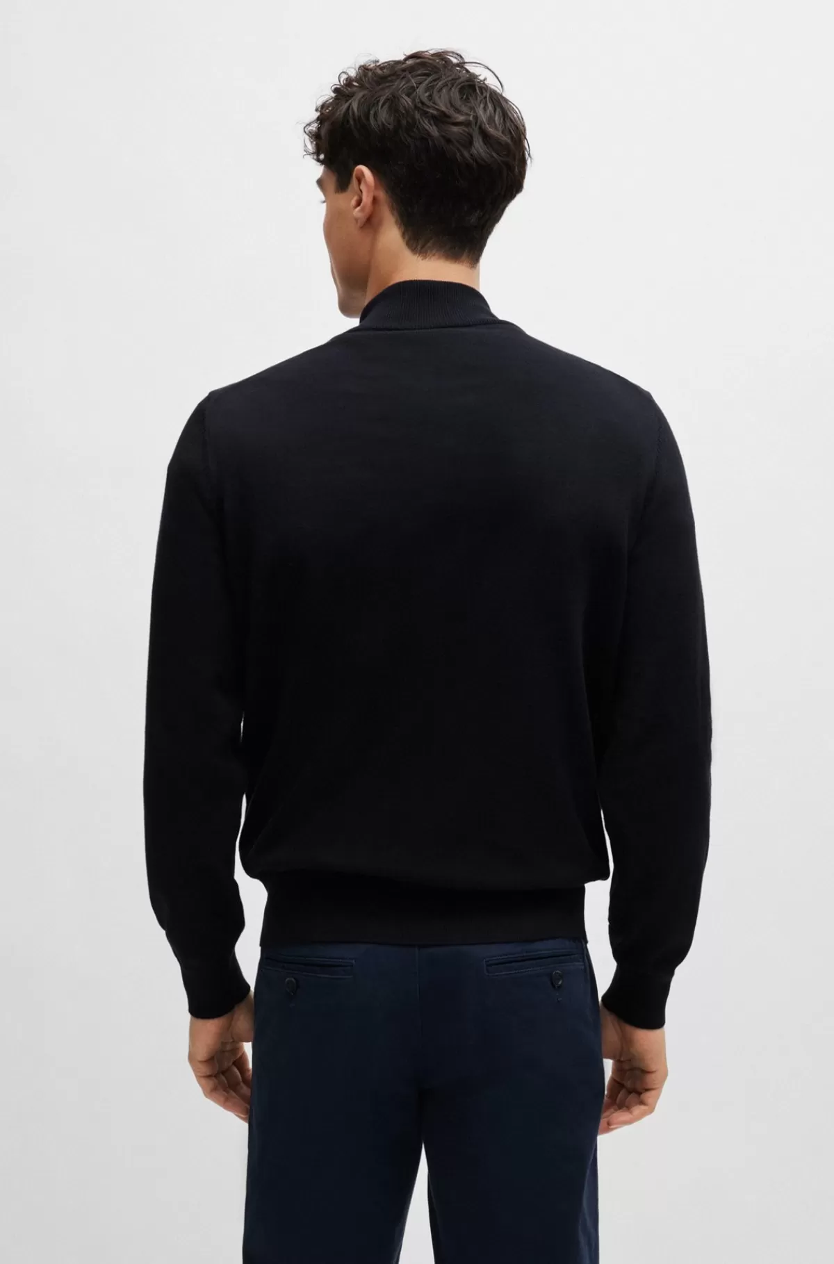 HUGO BOSS Sweater Med Lynlås I Halsen I Bomuld Med Broderet Logo Mørkeblå Outlet