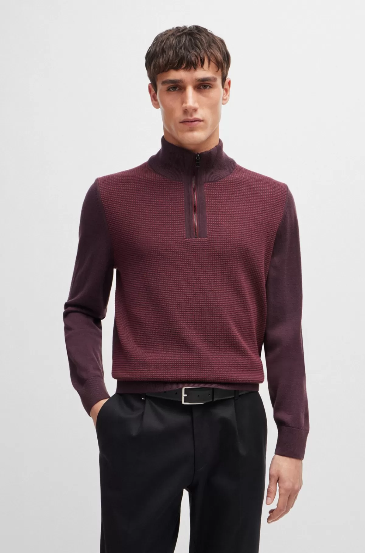 HUGO BOSS Sweater Med Lynlås I Halsen I Ny Uld Med Blandede Strukturer Mørkerød Cheap