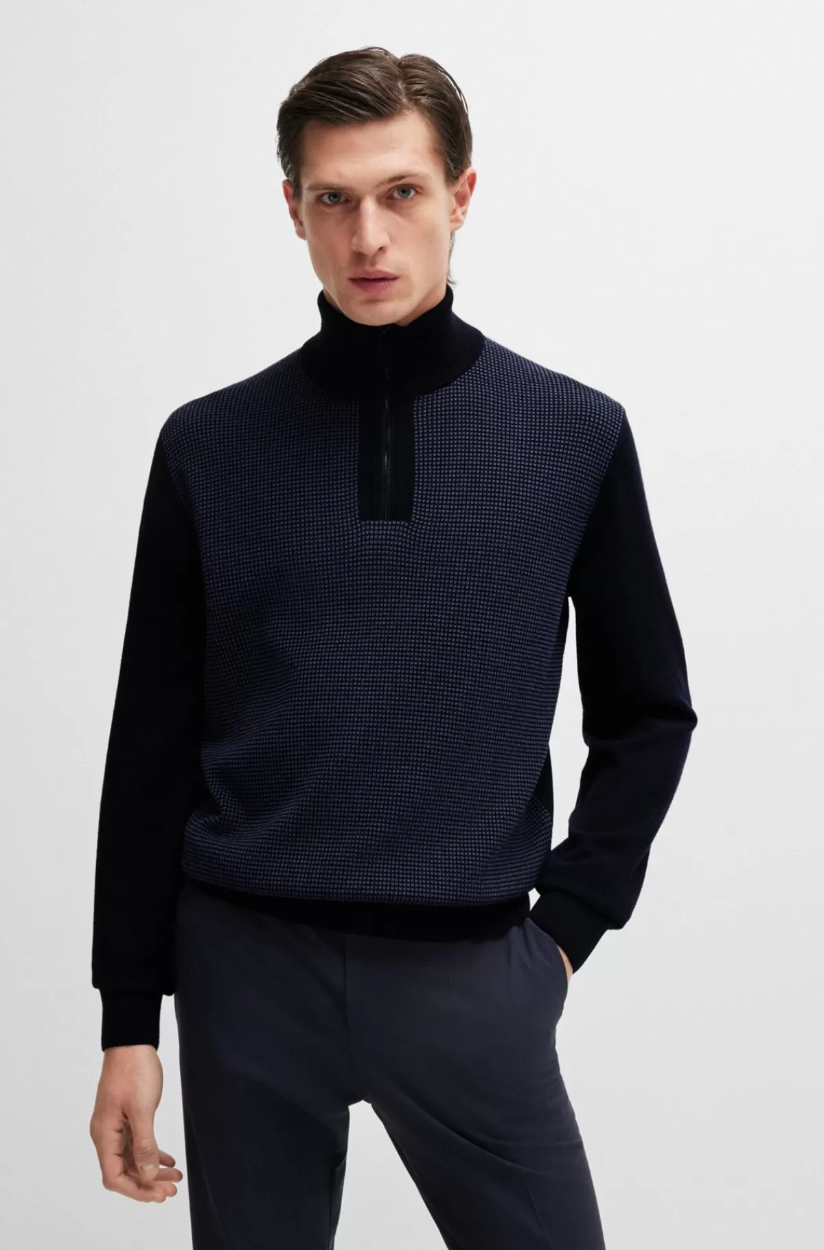 HUGO BOSS Sweater Med Lynlås I Halsen I Ny Uld Med Blandede Strukturer Mørkeblå Clearance