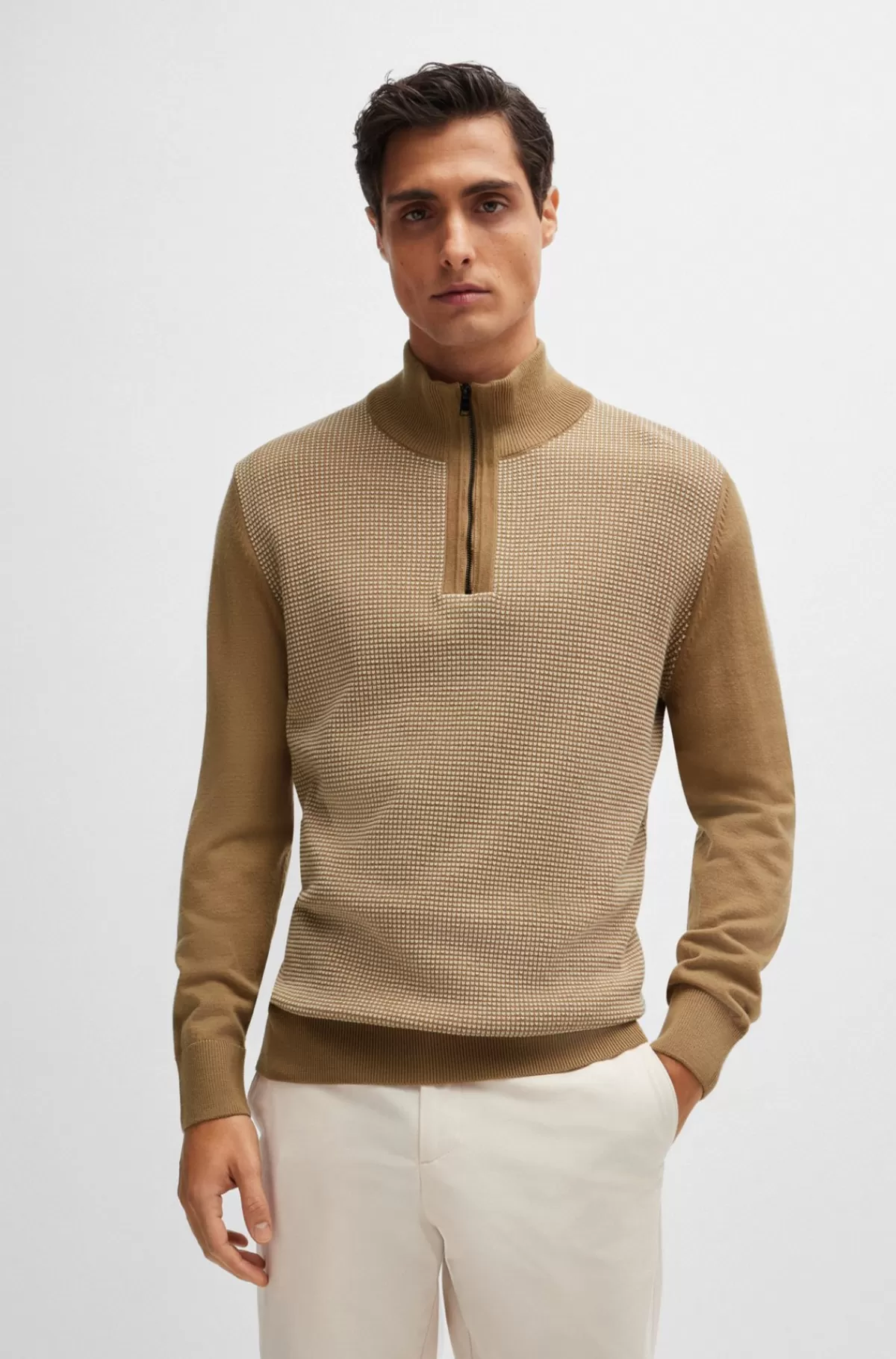 HUGO BOSS Sweater Med Lynlås I Halsen I Ny Uld Med Blandede Strukturer Beige Shop