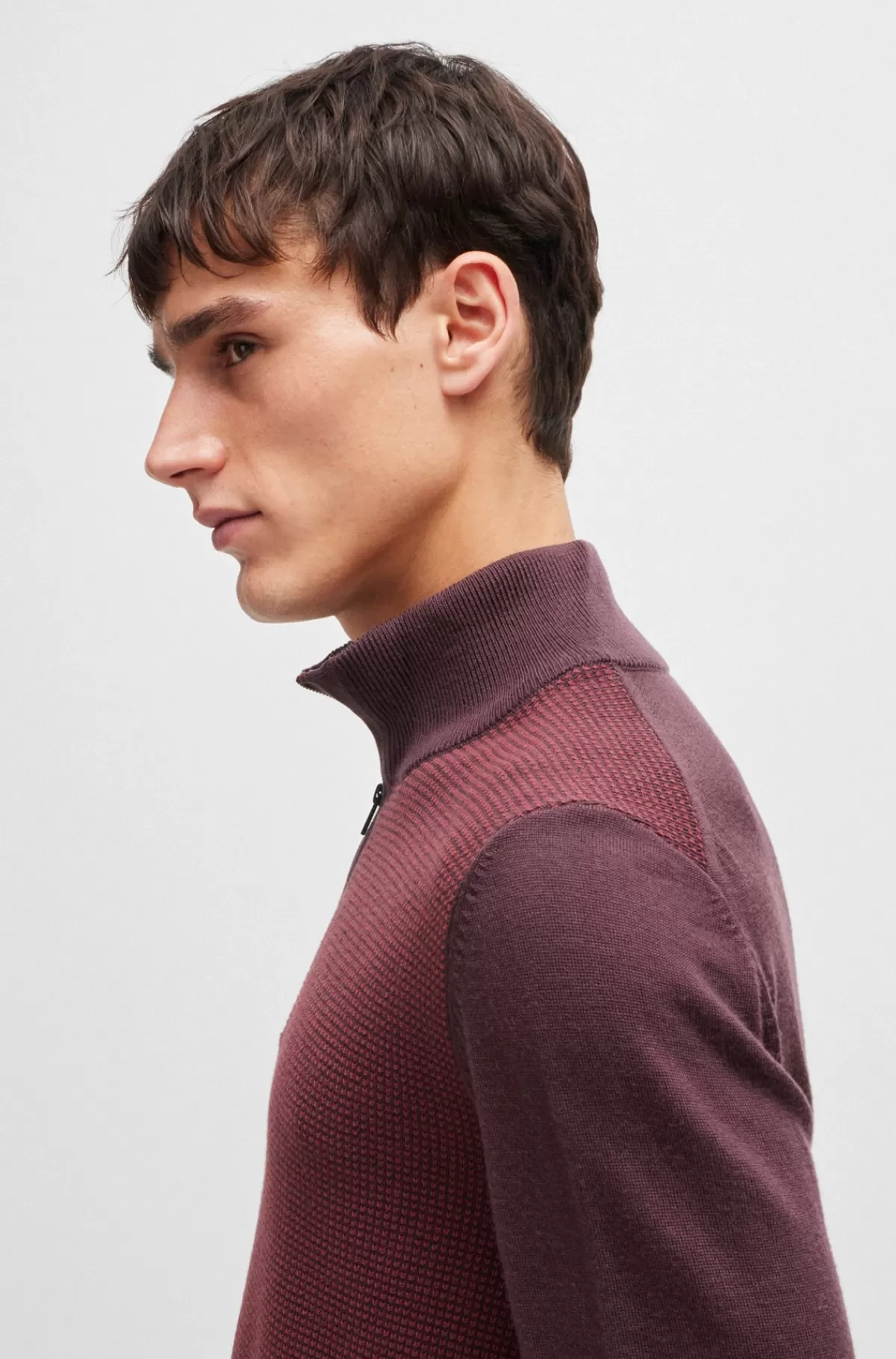 HUGO BOSS Sweater Med Lynlås I Halsen I Ny Uld Med Blandede Strukturer Mørkerød Cheap