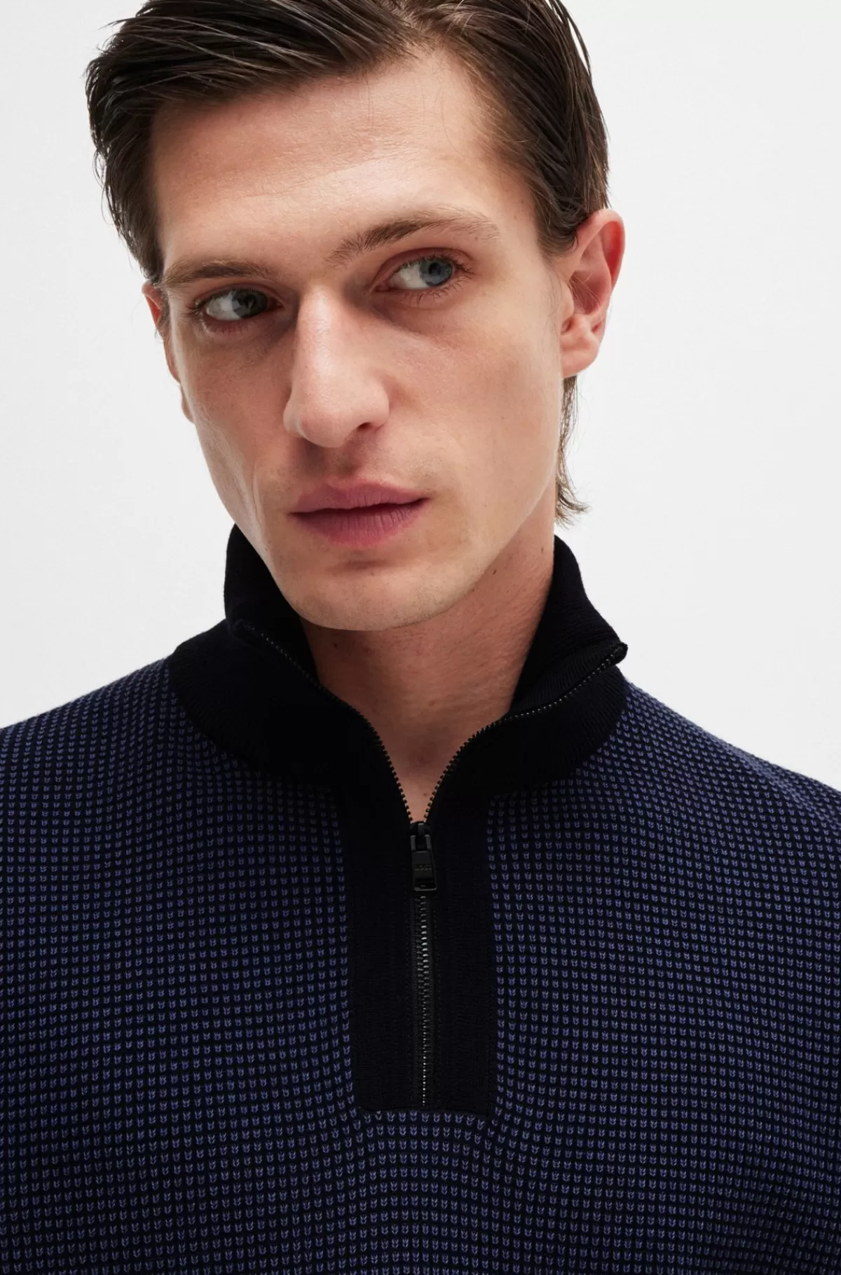 HUGO BOSS Sweater Med Lynlås I Halsen I Ny Uld Med Blandede Strukturer Mørkeblå Clearance