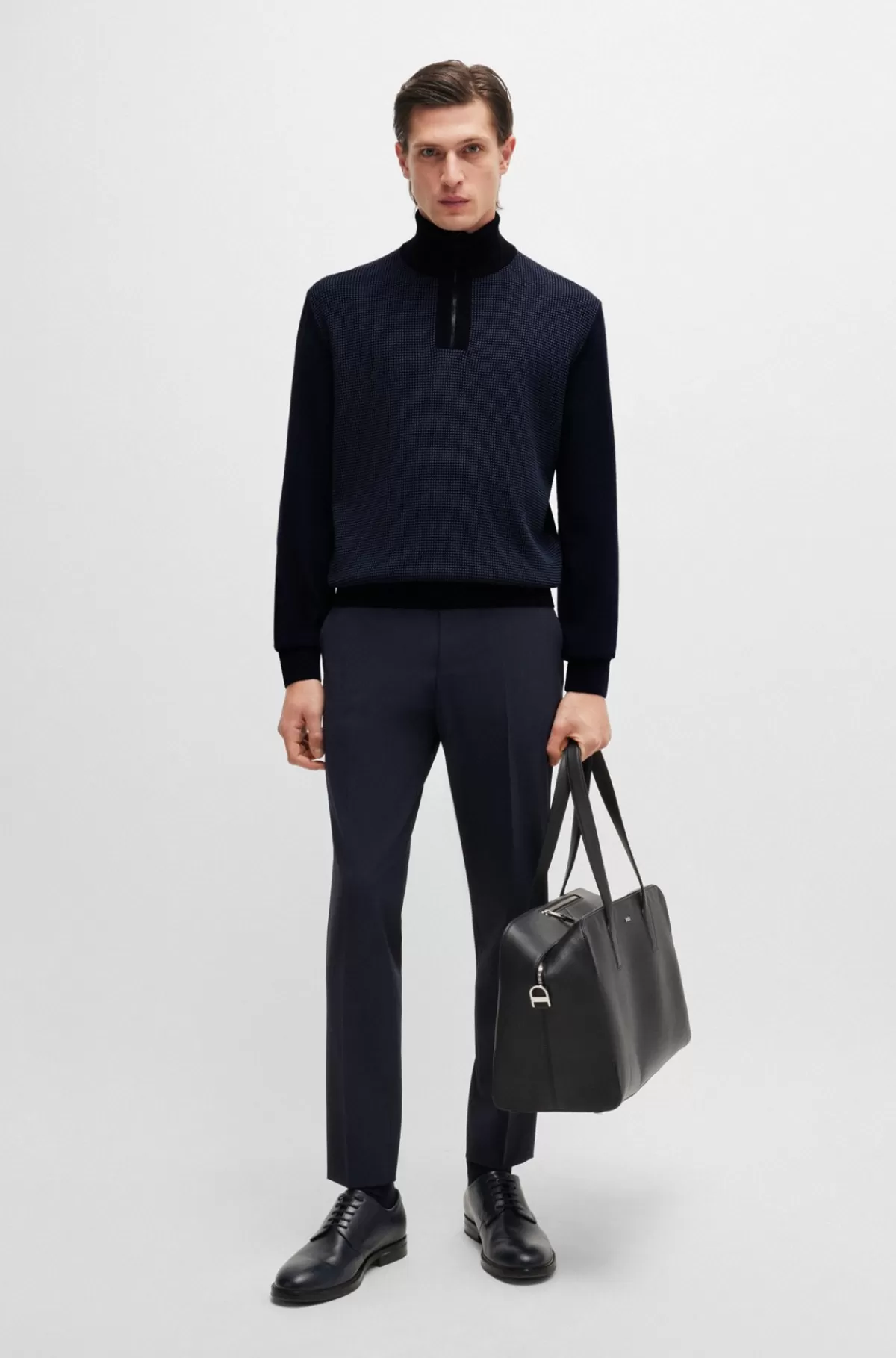 HUGO BOSS Sweater Med Lynlås I Halsen I Ny Uld Med Blandede Strukturer Mørkeblå Clearance