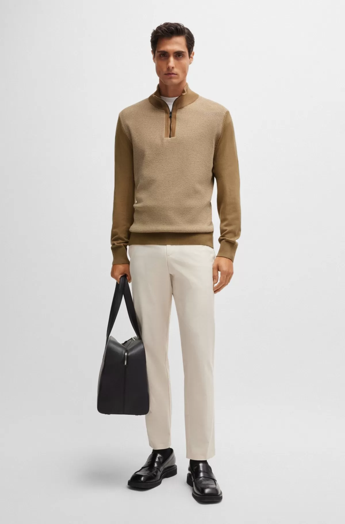 HUGO BOSS Sweater Med Lynlås I Halsen I Ny Uld Med Blandede Strukturer Beige Shop