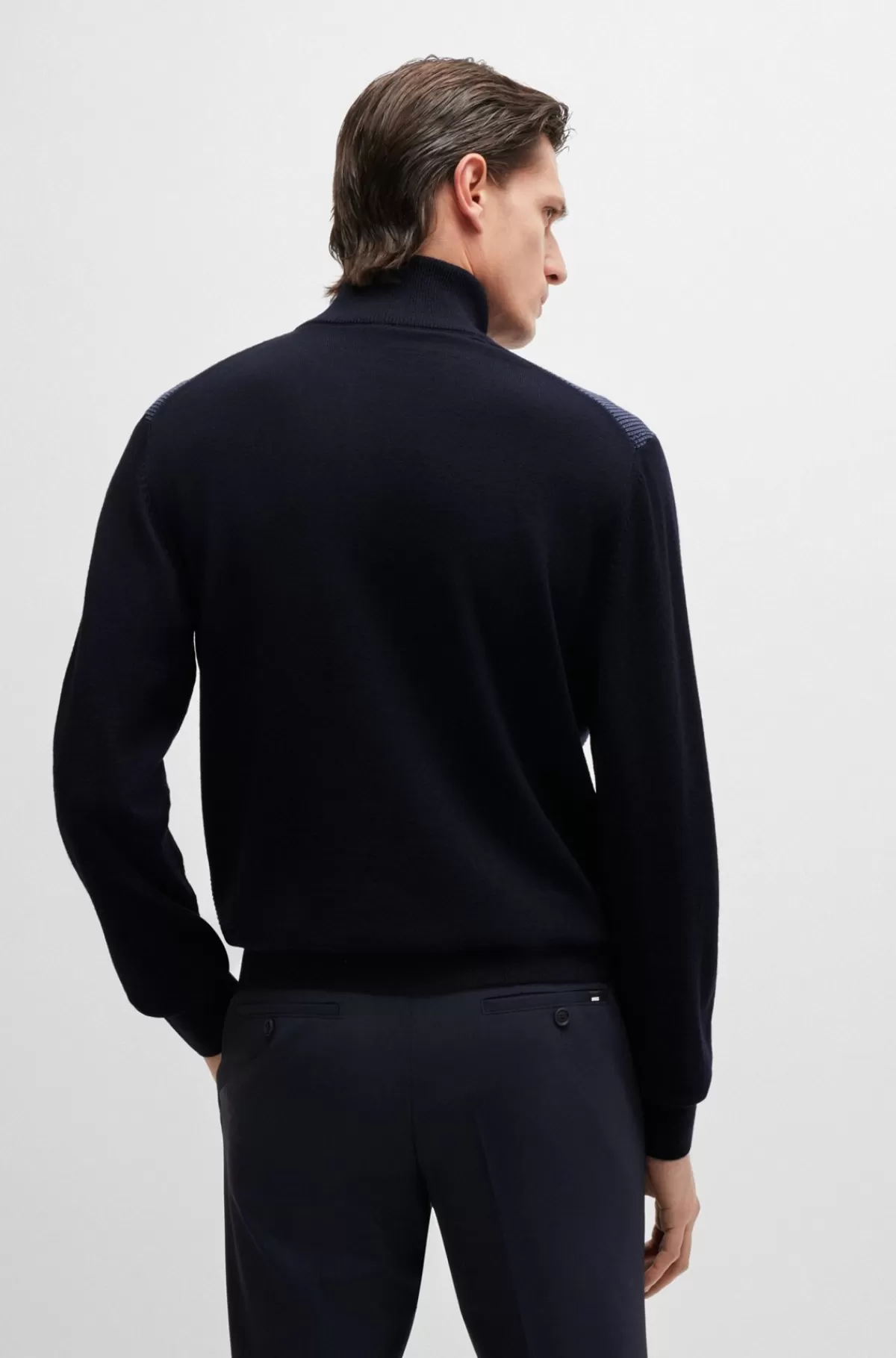 HUGO BOSS Sweater Med Lynlås I Halsen I Ny Uld Med Blandede Strukturer Mørkeblå Clearance
