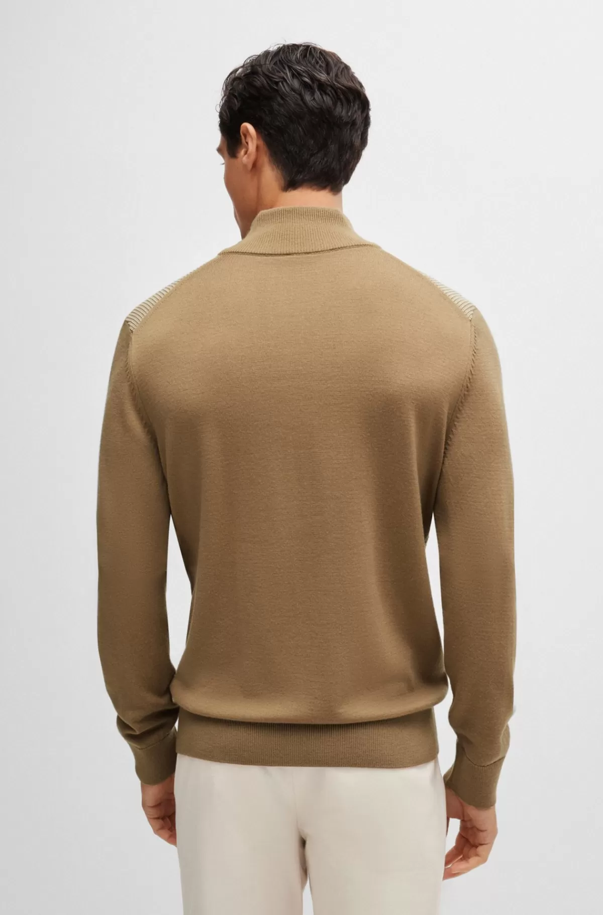HUGO BOSS Sweater Med Lynlås I Halsen I Ny Uld Med Blandede Strukturer Beige Shop