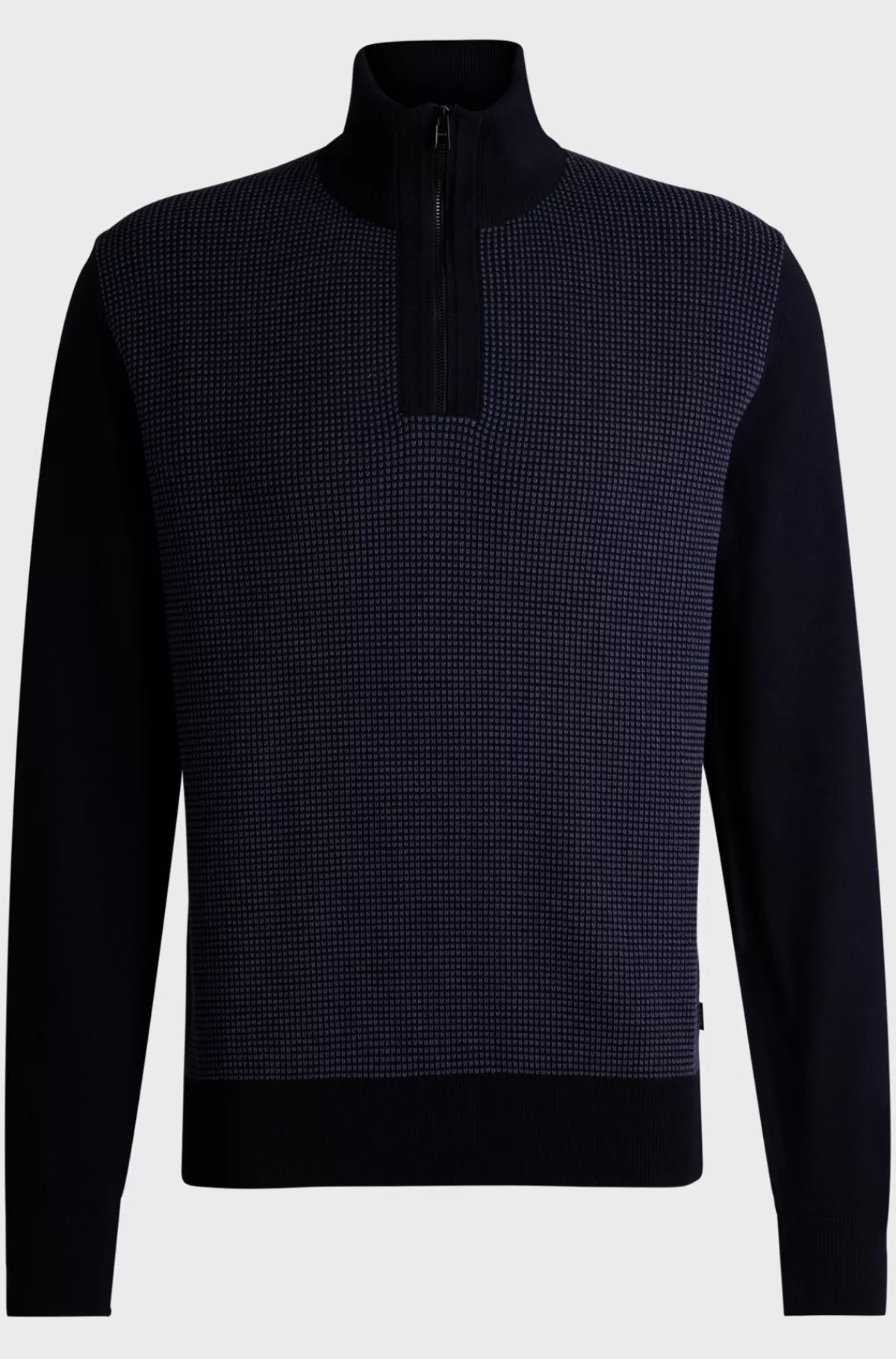 HUGO BOSS Sweater Med Lynlås I Halsen I Ny Uld Med Blandede Strukturer Mørkeblå Clearance