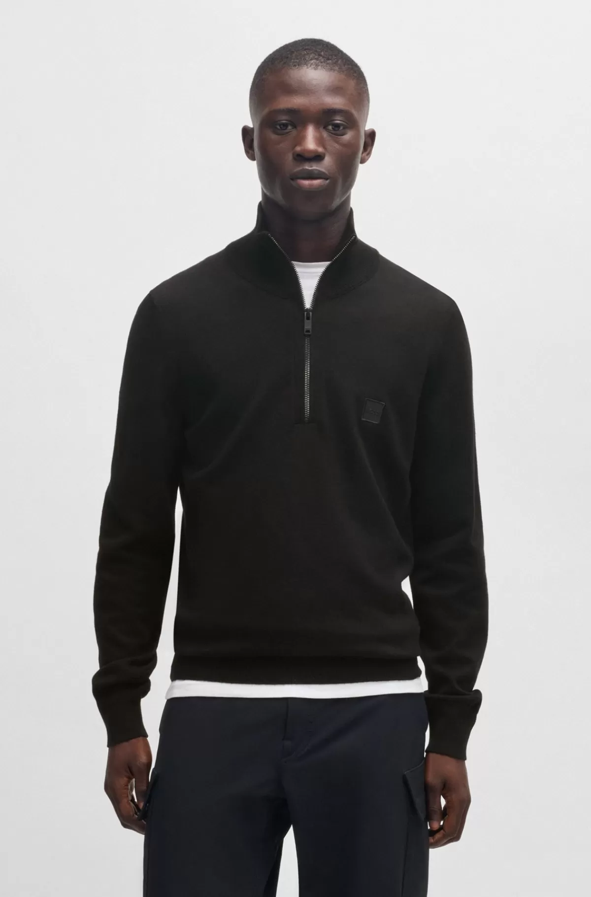 HUGO BOSS Sweater Med Lynlås I Halsen Og Logomærkat I Bomuld Og Kashmir Sort Best Sale